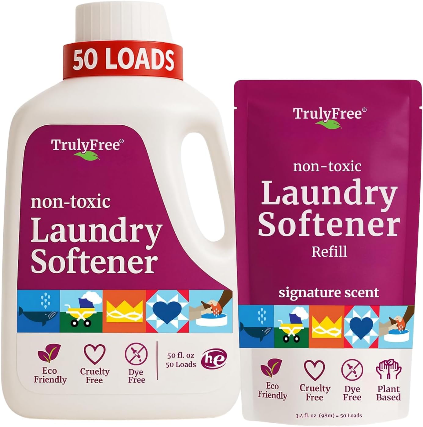 Truly Free Natural Fabric Softener for Sensitive Skin, Baby, Kids | Clean Easy Powder to Liquid Laundry Softener | Lavender Eucalyptus, Septic Safe | 1 Pack Fabric Softner + 1 Refillable Jug, 50 Loads