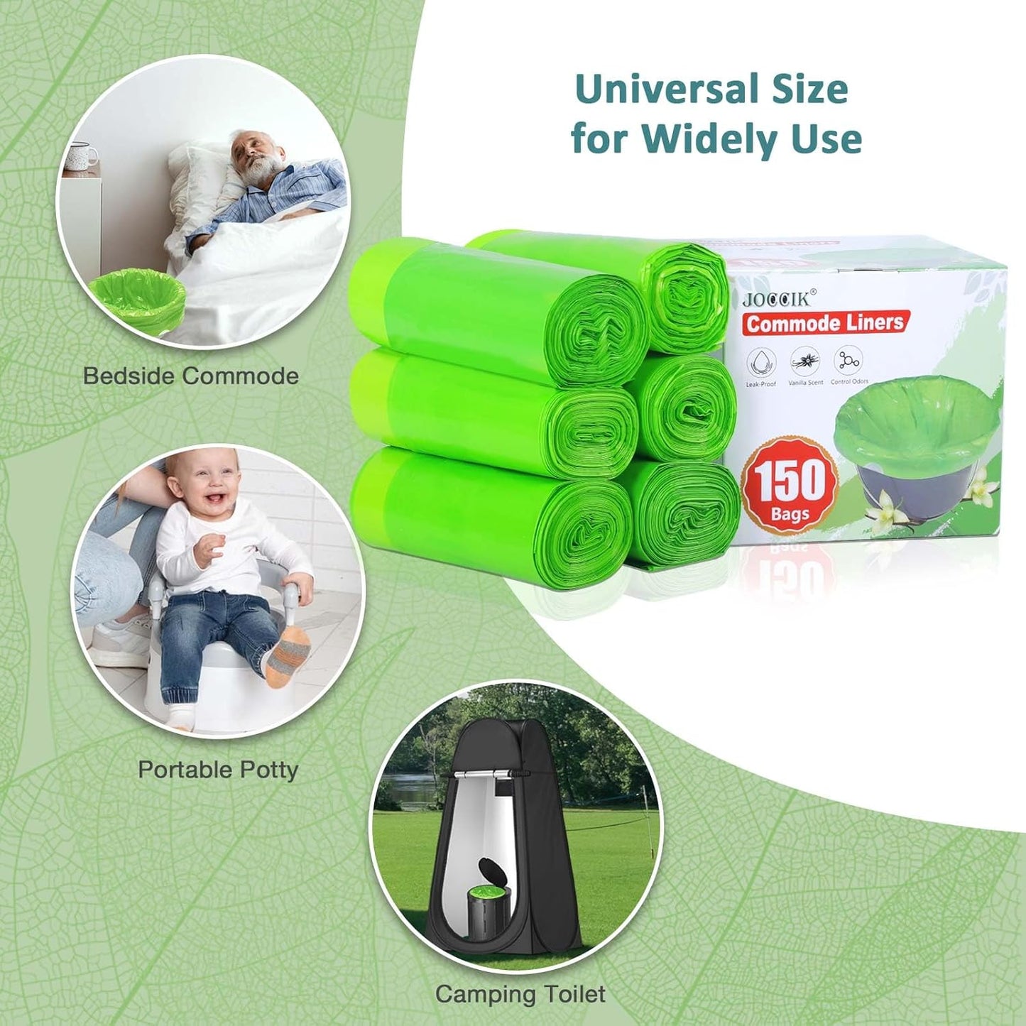 Commode Liners for Bedside Commode Vanilla Scented 150pcs Disposable Bags Universal Fit Most Standard Toilet Chair Bucke