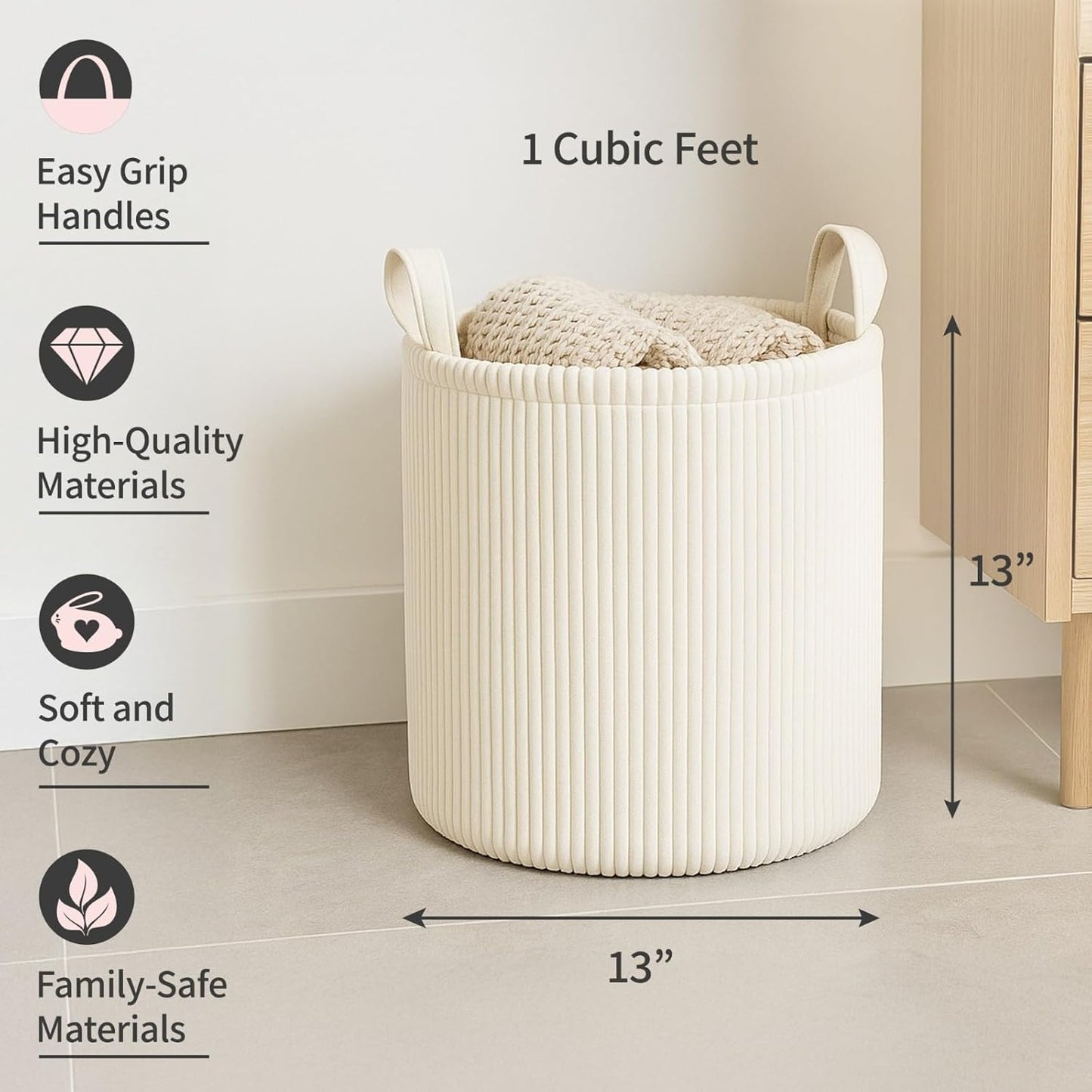 PUTSKA Blanket Basket – Round Storage for Toys and Blankets, Clothes, Stuffed Animals – Soft Baby Girl Basket for Nursery, Kids Room, Bedroom, Living Room – Regular, Cream