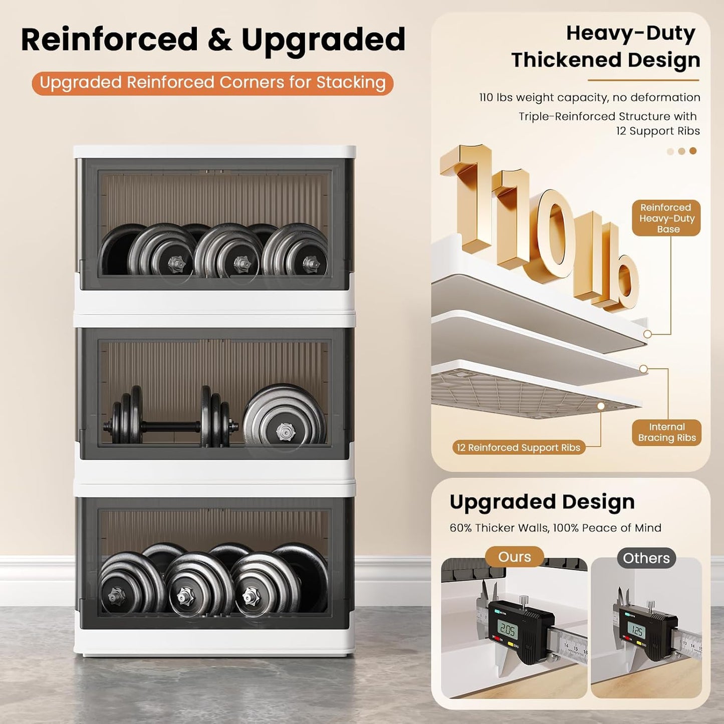 8.4Gal Collapsible Storage Bins with Lids & Wheels - 3 Pack Stackable with Doors, Heavy-Duty Plastic Containers for Home/Office, White