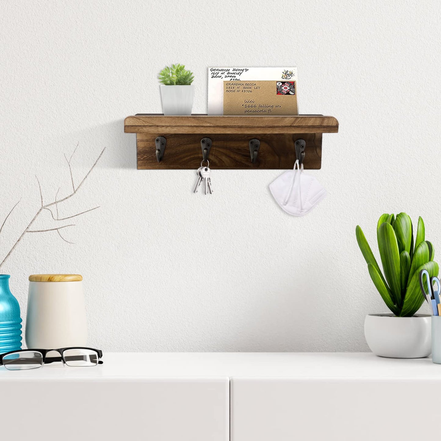 HRONRAD Rustic Key Holder for Wall, Farmhouse Wall Shelf with 4 Hooks, Wall Mounted Key Racks