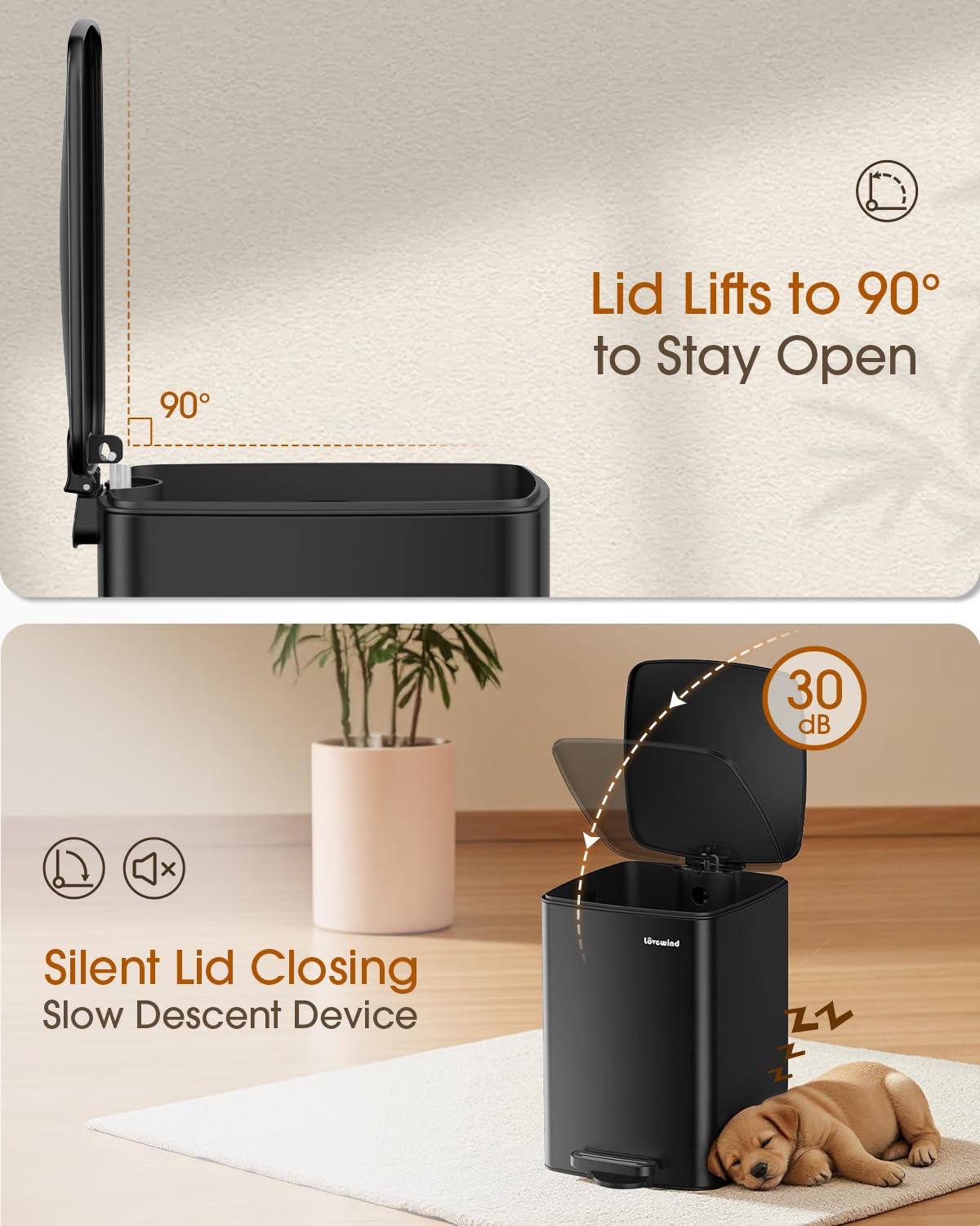 Lovewind Kitchen Trash Can with Lid, 5.2 Gallon/20 L Footstep Garbage Can for Kitchen Bedroom Home Office, 20 Liter Trash Bin Brushed Stainless Steel Waste Bin with Soft-Close Lid,Black