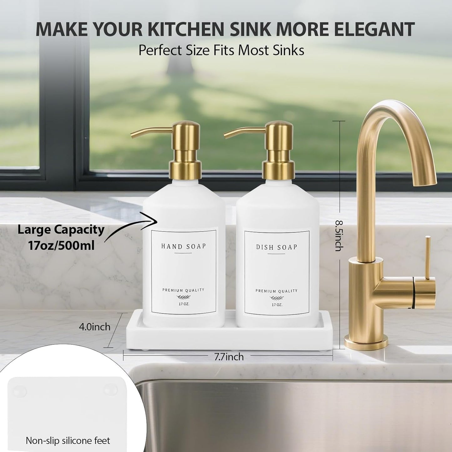 Gold Soap Dispenser Set, Glass Hand and Dish Soap Dispenser Set with Tray,Stainless Pump,14 Stickers for Kitchen Sink,Bathroom Soap and Lotion Dispenser,Modern Counter Decor (White Bottle/Gold Pump)