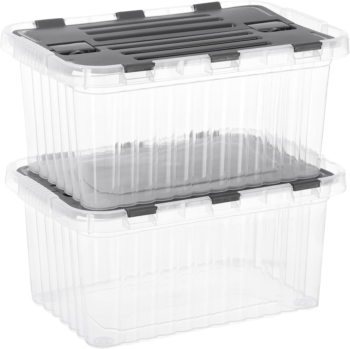 Superio Clear Storage Boxes with Attached Lids, Plastic Container Bins with Hinged Lids for Organizing, Stackable Crates, BPA Free, Non Toxic Organizers (2 Pack, 17"x11.65"x8.75")
