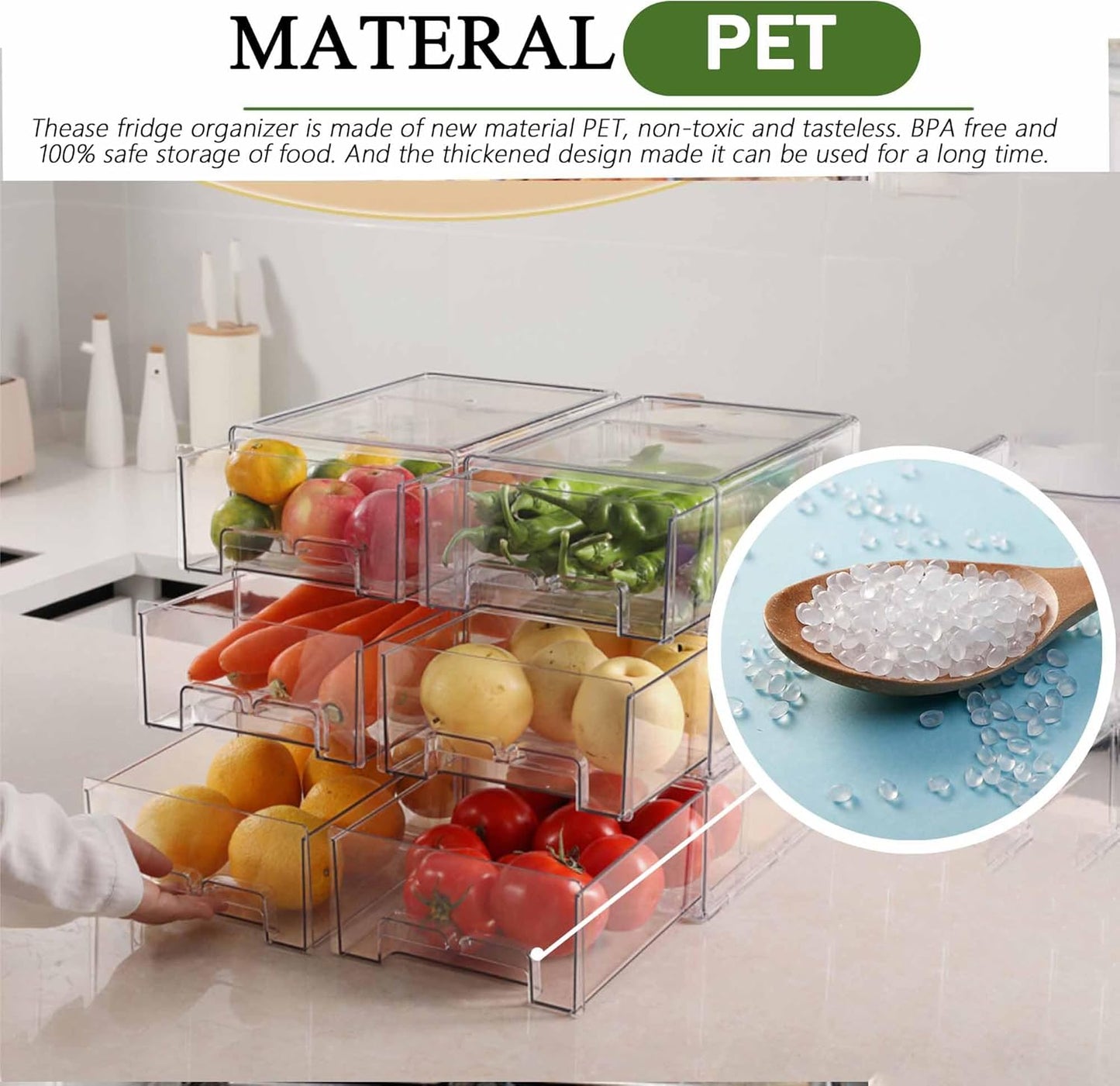 bealy 2 Pack Stackable Clear Storage Drawer,Refrigerator Organizers and Storage Drawer Pull Out Drawer for Fridge Kitchen Bathroom Cabinet Closet Office Clear