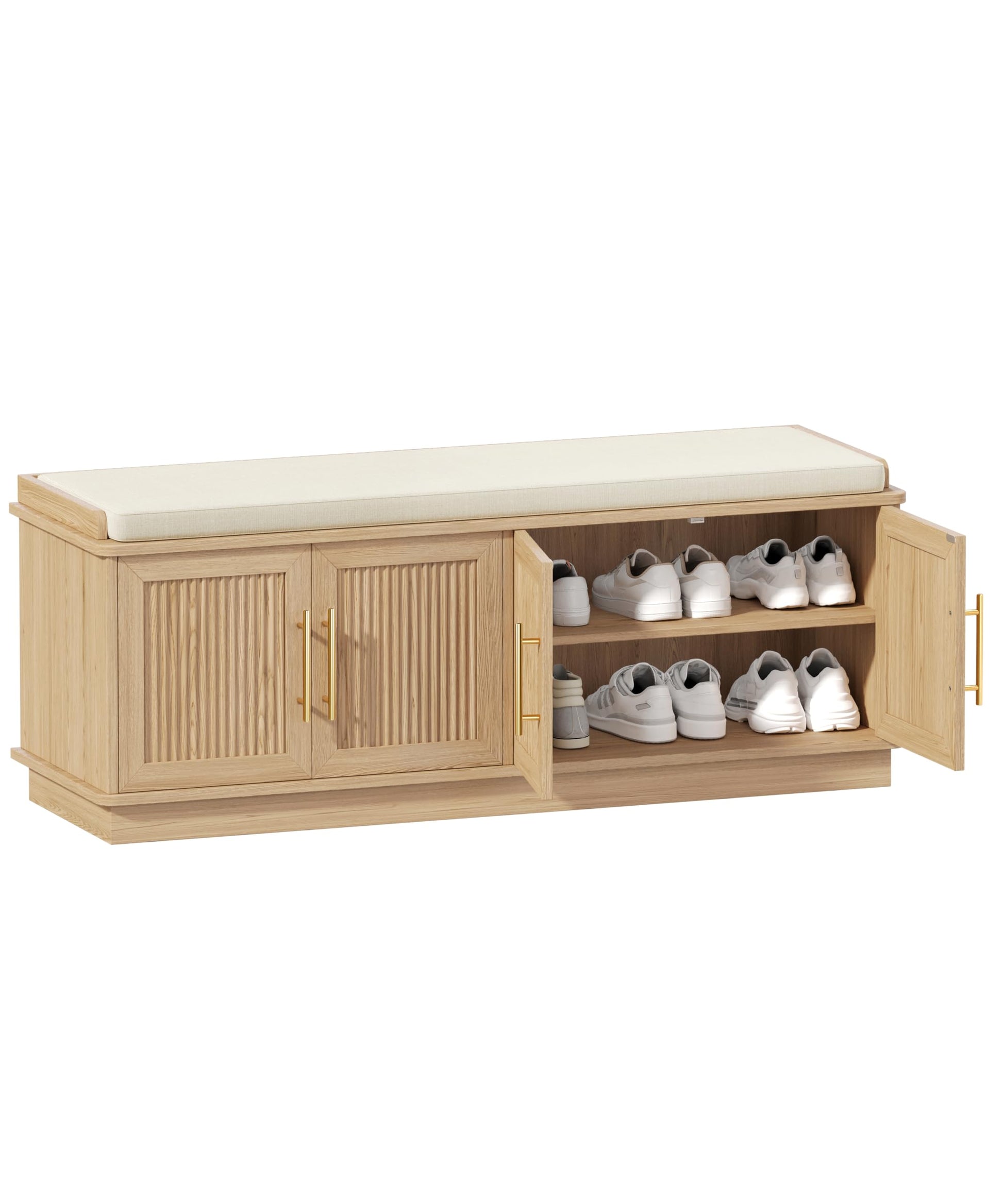 Akxomel 47.2" Fluted Shoe Storage Bench 4 Doors Wooden Entryway Bench Oak