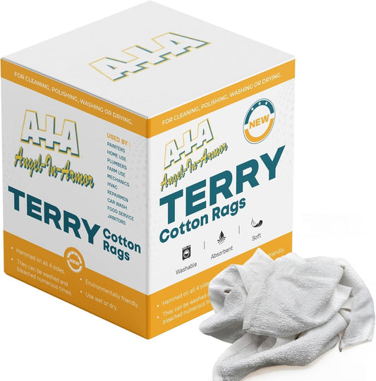Angel-in-Armor White Terry Cloth Rags (16” x 19”) – 50lb Bulk Box of 100% Cotton Cleaning Rags