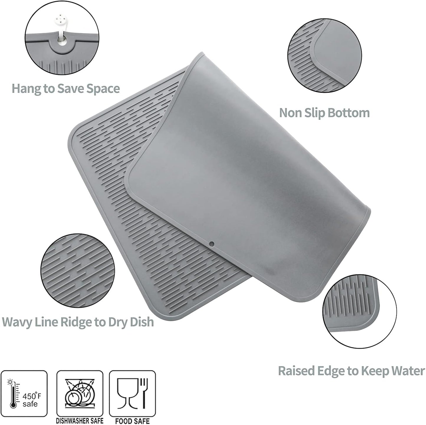 Silicone Dish Drying Mat for Multiple Usage,Easy clean,Eco-friendly,Heat-resistant Silicone Mat for Kitchen Counter or Sink,Refrigerator or Drawer Liner Grey 4XL 32 inches x 18 inches