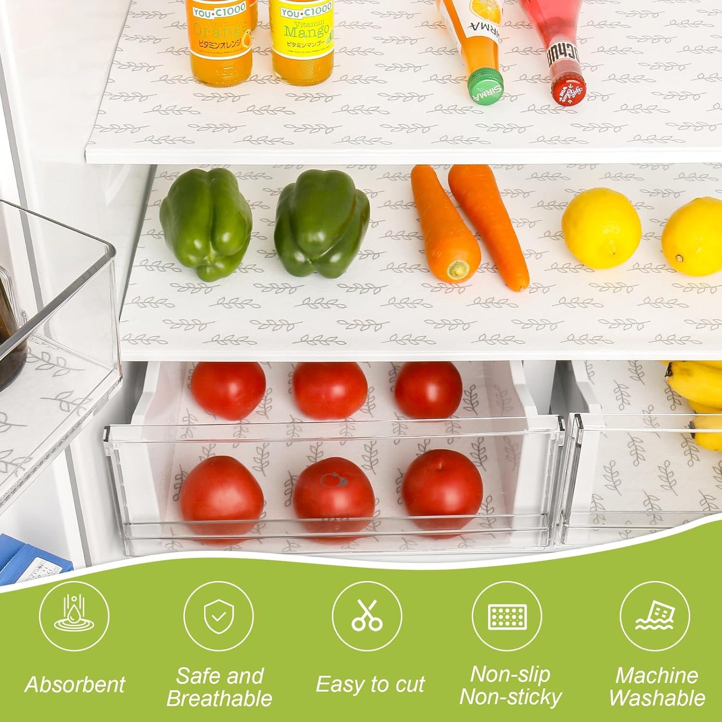 Cooyes Refrigerator Drawer Liners, Premium Absorbent Fridge bin Liners Non-Slip Washable, 12" x 24" Refrigerator Shelf Liners and Mats for Glass Shelves, Kitchen Cabinets, Non-Adhesive