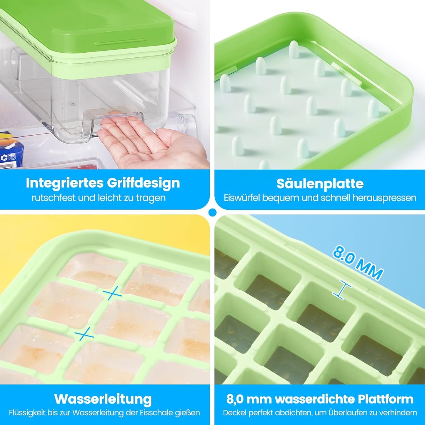 PHINOX Ice Cube Tray With Lid and Bin, Ice Trays for Freezer, Flexible Ice Cube Trays, Making 64 pcs Ice Cubes, Chilling Cocktail, Whiskey, Coffee, with 2 trays, Ice Container, Scoop&Cover, BPA Free