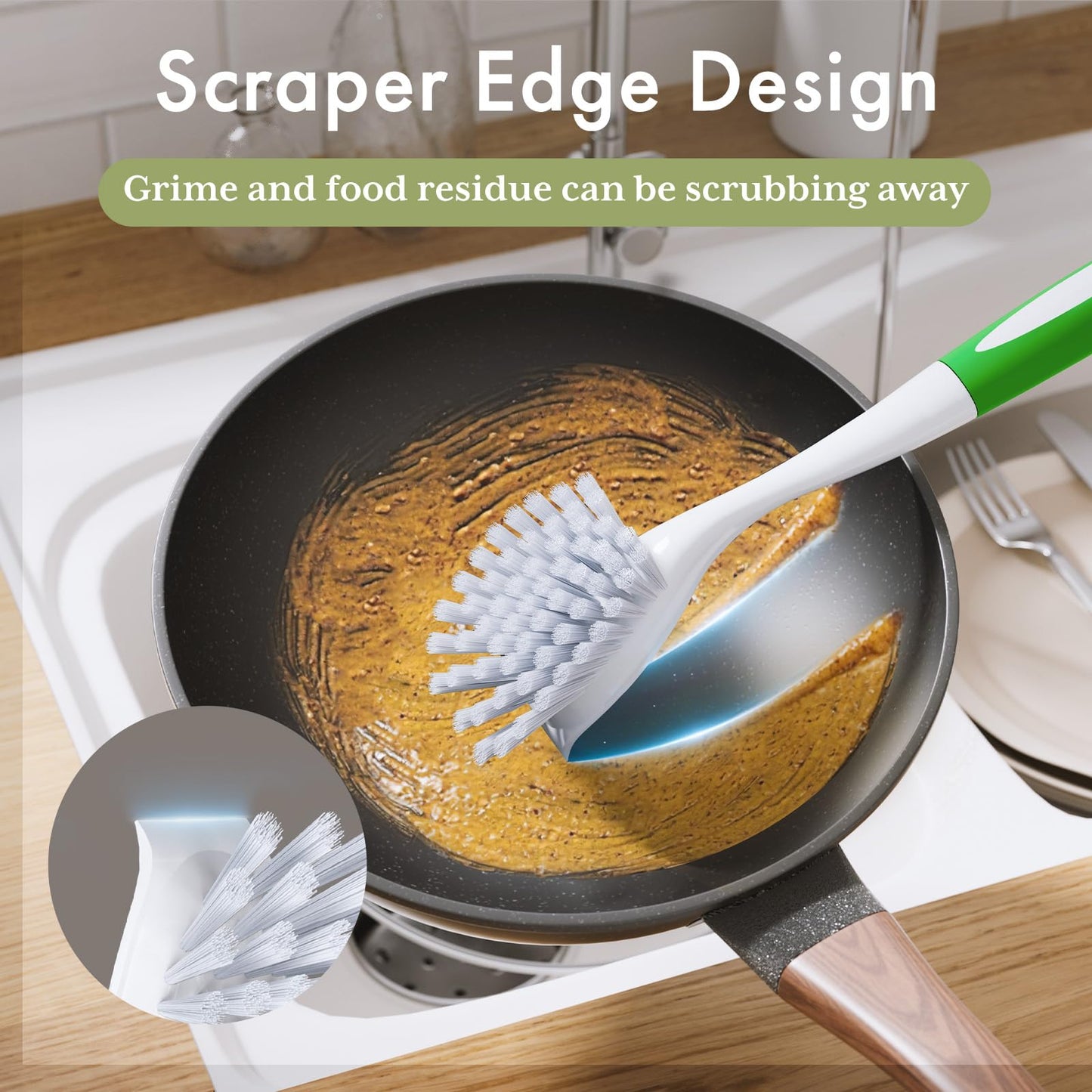 Amazer Dish Brush with Handle, 2 Pack Kitchen Scrub Brushes for Cleaning, Dish Scrubber with Stiff