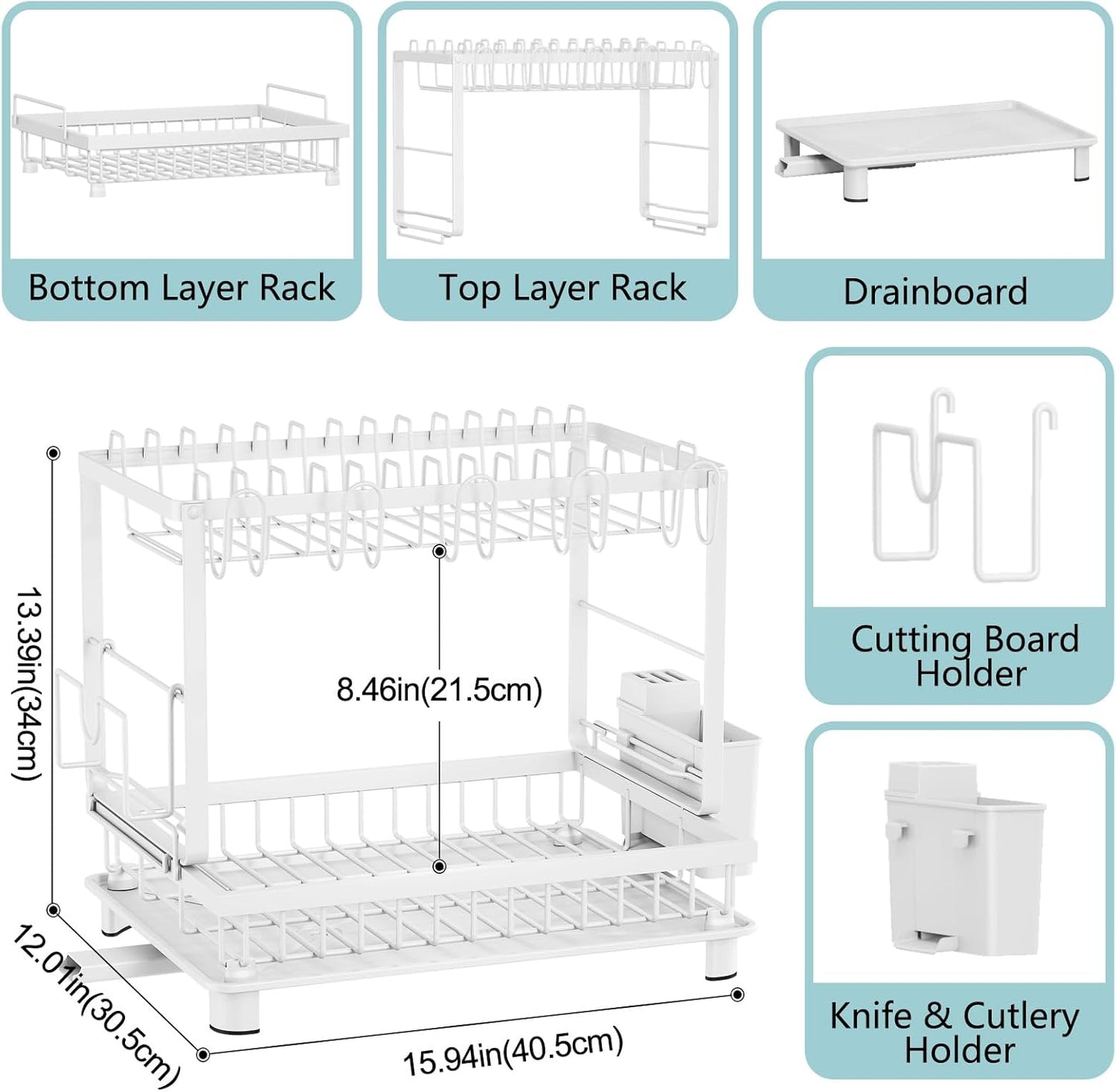 Multifunctional Dish Drying Rack - Rustproof, 2-Tier Dish Racks with Drainboard, Space-Saving Design, Utensil & Cup Holder for Kitchen Counter, White