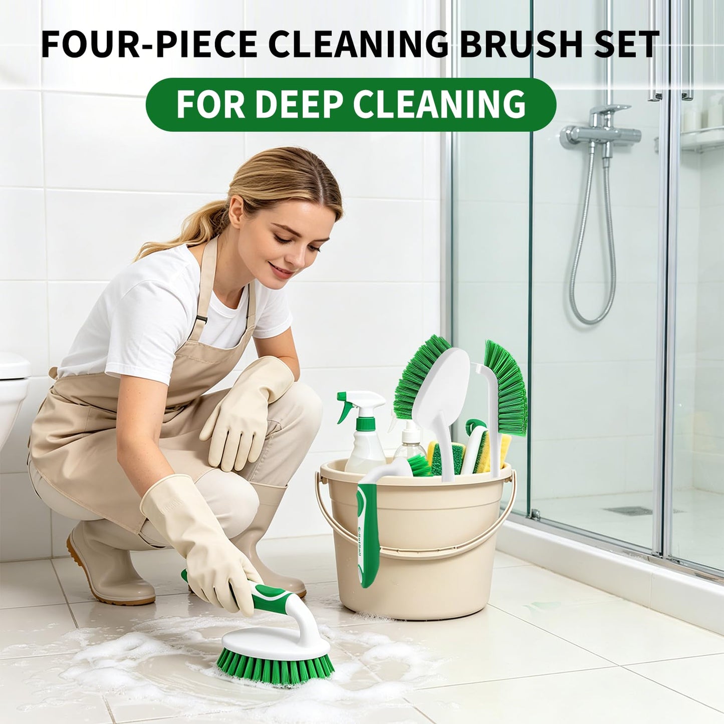 Scrub Brush Set of 4 Pack, Heavy Duty Shower Cleaning Brush Set, Green