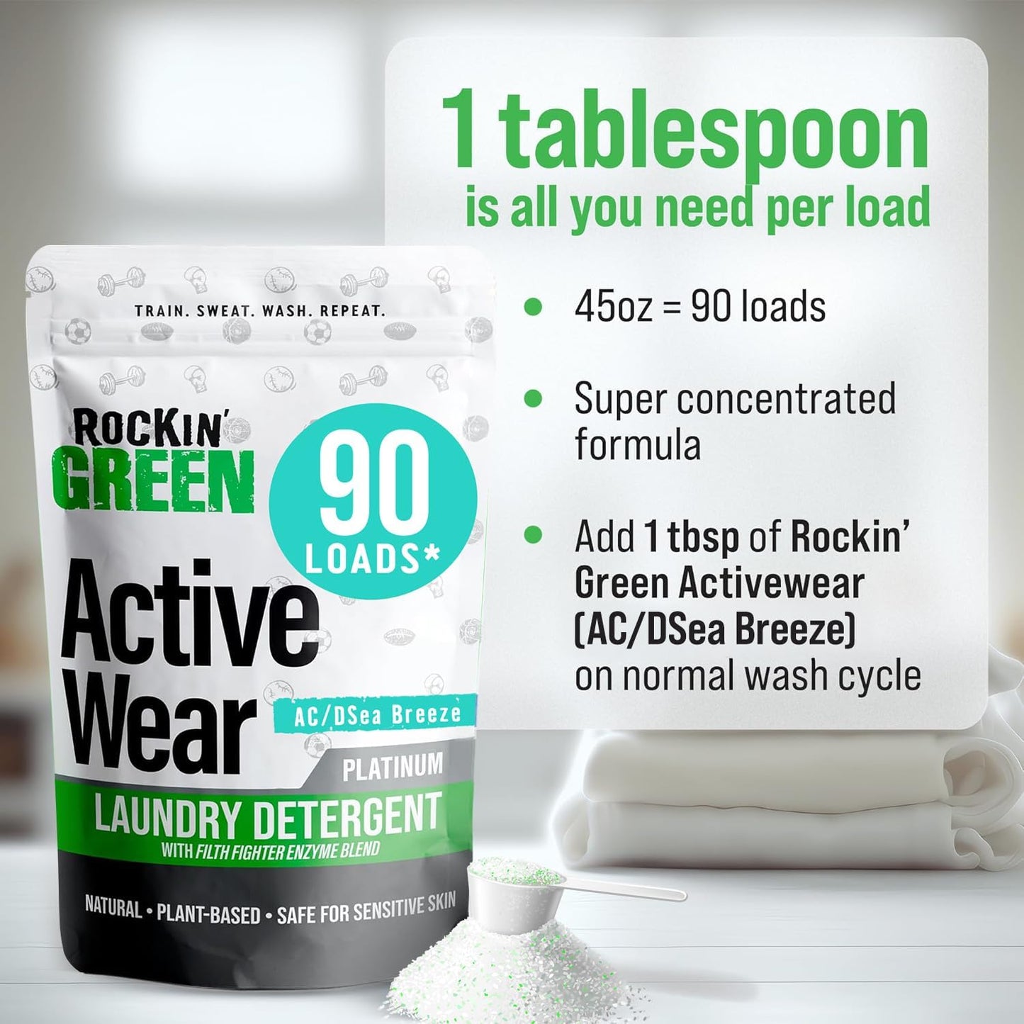 Rockin' Green Laundry Detergent, Plant based, All Natural Laundry Detergent Powder, Vegan and Biodegradable Odor Fighter, Safe for Sensitive Skin (Active Wear 90 Loads - AC/DSea Breeze)