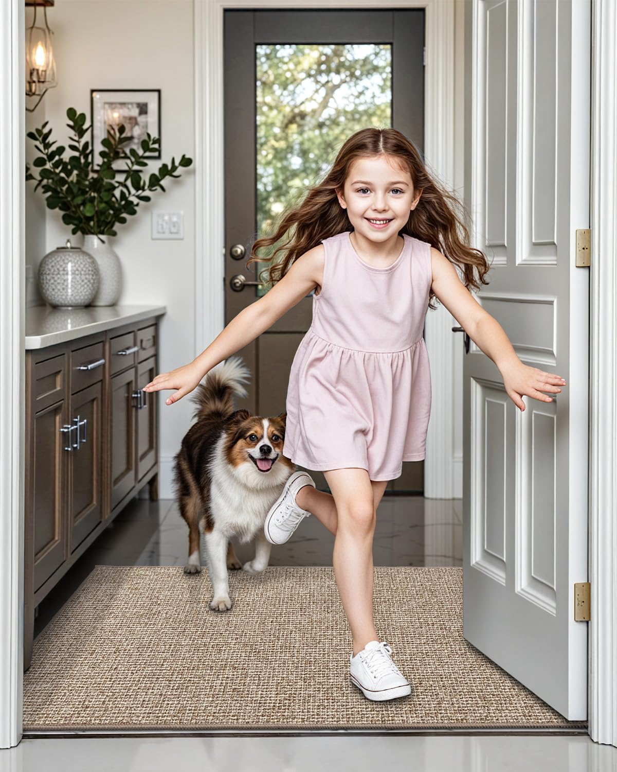 LUMI Indoor Door Mat 17"x30", Ultra Thin Low Profile Non-Slip Doormat for Home Entrance, Absorbent & Stain-Resistant Welcome Mats, Washable Entryway Mat for Front Door, Patio, Porch, Khaki