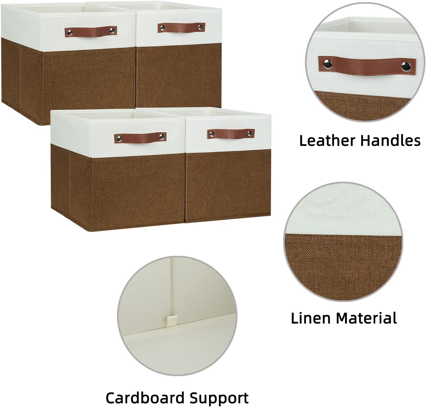 HNZIGE Fabric Cubes Storage Bins Set of 4,11 x 11 Clothes Storage Cube Baskets,Cube Organizing Bins for Shelves with Handles,Canvas Baskets for Organizing Home(Brown White)
