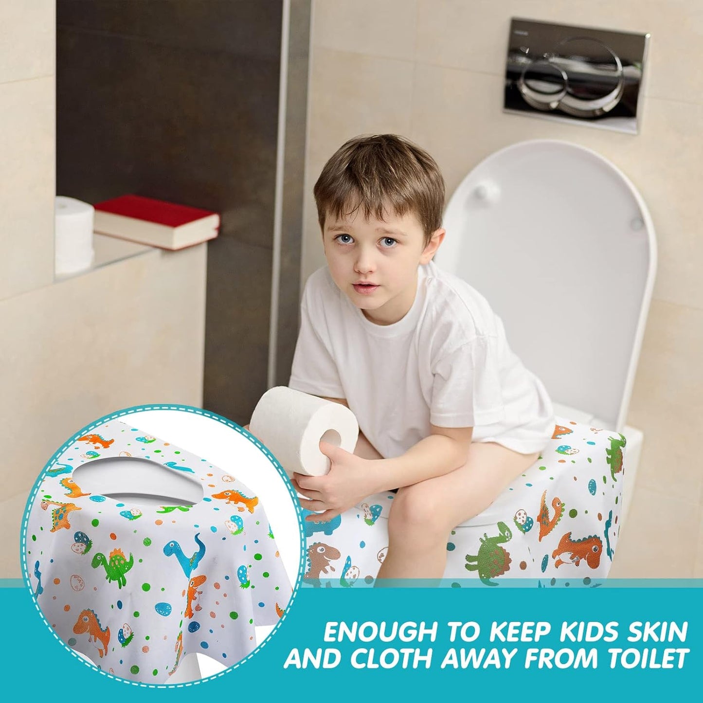 50 Packs Disposable Toilet Seat Covers Extra Large Individually Wrapped for Kids and Adults, Portable Non Slip Waterproof Potty Seat Covers for Toddlers Potty Training, Travel (Dinosaur)