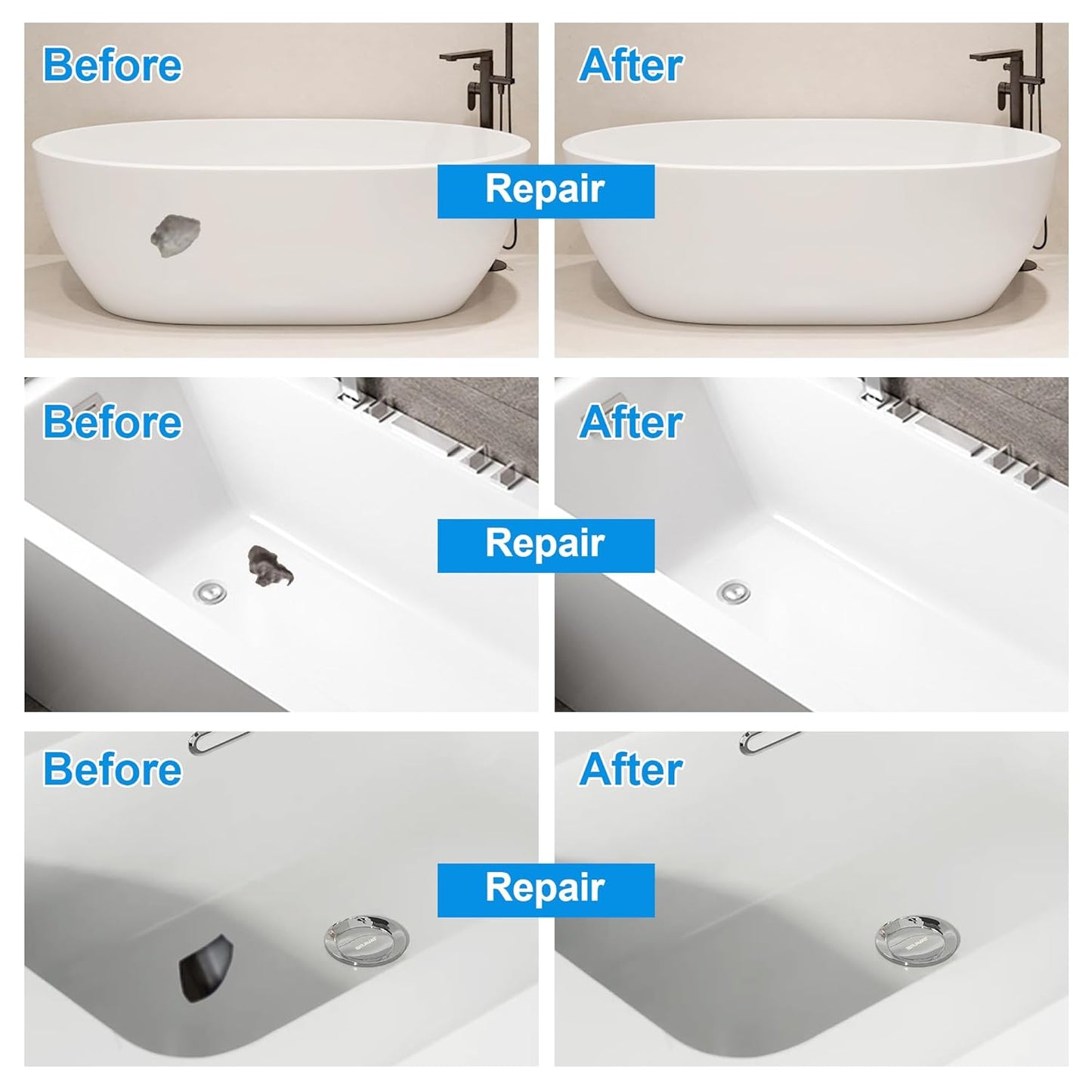 Tub Repair Kit White(Color Match), Fiberglass Porcelain Repair Kit for Acrylic, Ceramics, Enamel, Tile, Repairs Chips, Cracks, Scratches, Holes on Tub, Tile, Bathtub, Toilet, Sink, Shower Tray
