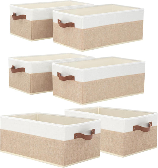 6 Pack Fabric Storage Bins, Large Storage Baskets for Shelves, Foldable Closet Organizer Storage Boxes with Leather Handles for Clothes, Sheets, Jeans, Toys, Books (Beige and White)