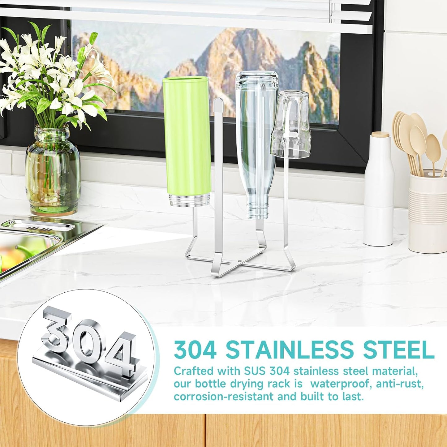 Bottle Drying Rack Reusable Drying Holder for Bottles Stainless Steel Foldable Water Bottle Dryer Rack Space Saving Baby Bottle Drying Rack Kitchen Stand Holder for Plastic Bags, Bottles and Cups