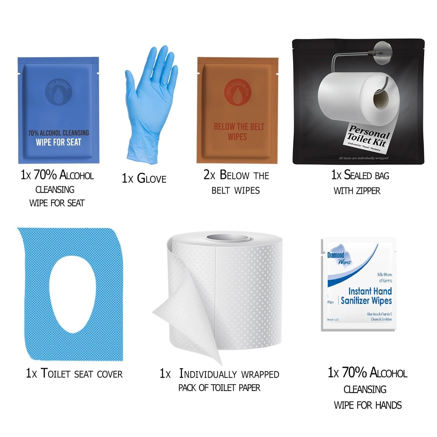 Personal Toilet Kit To Go – 10 Pack | Disposable Public Restroom Kit | Individually Wrapped for Toilet Protection Kit | Toilet Paper, Toilet Seat Cover, Butt Wipes, Cleansing Wipes (Black Toilet)