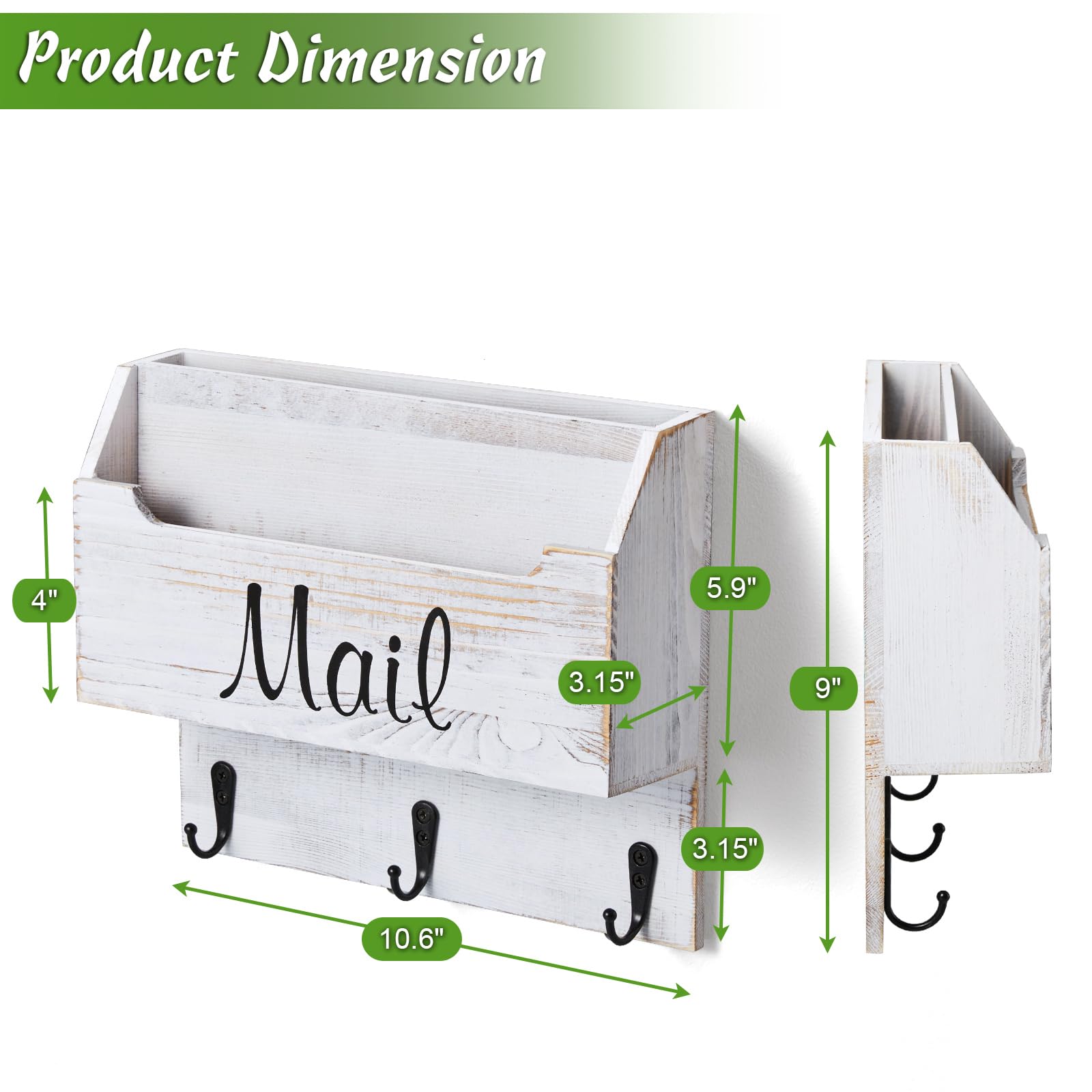 DRASTAR Mail Organizer Wall Mounted, Wooden Mail & Key Holder for Wall, Hanging Mail Organizer