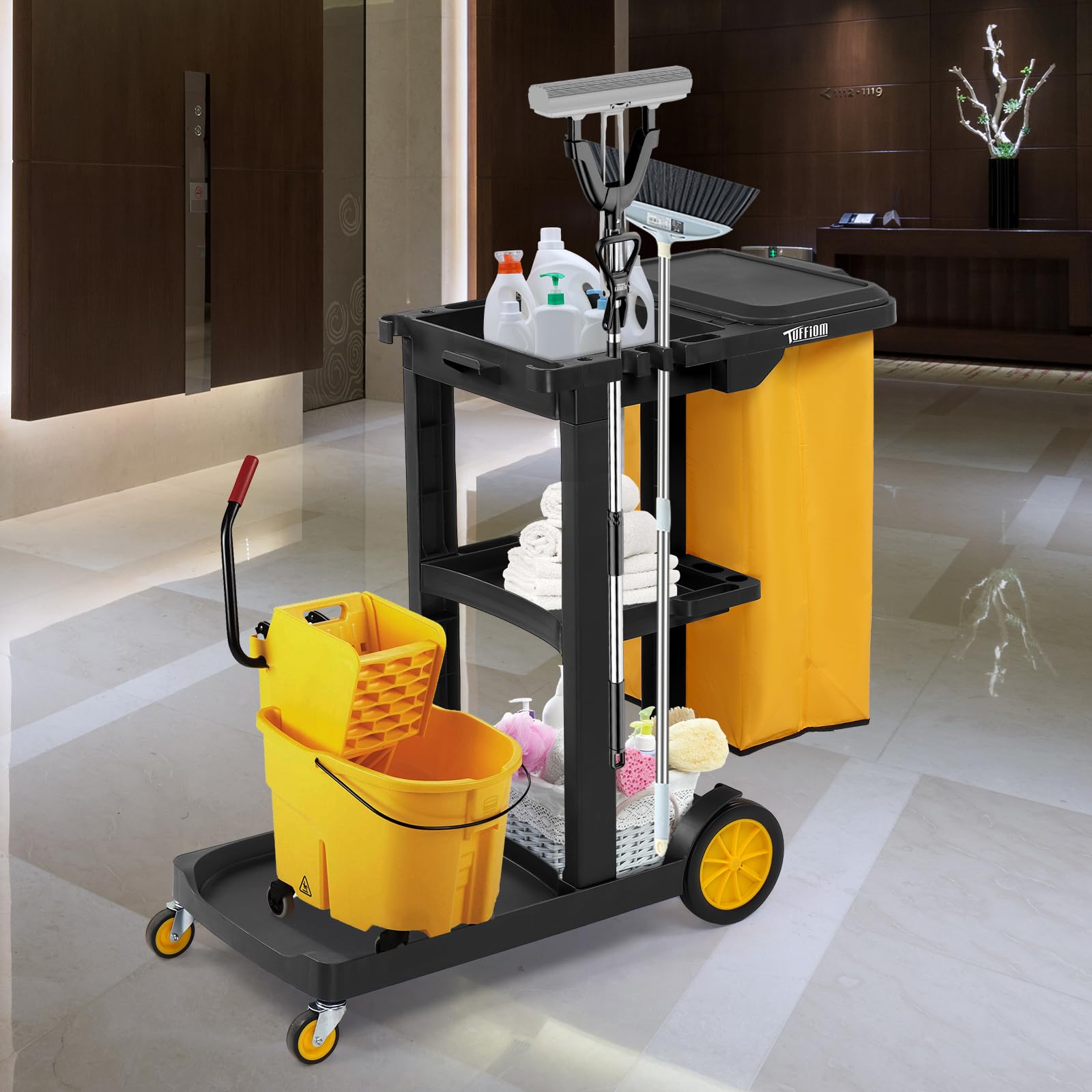 TUFFIOM Commercial Traditional Cleaning 3-Shelf Janitorial Cart, 500 Lbs Capacity Housekeeping