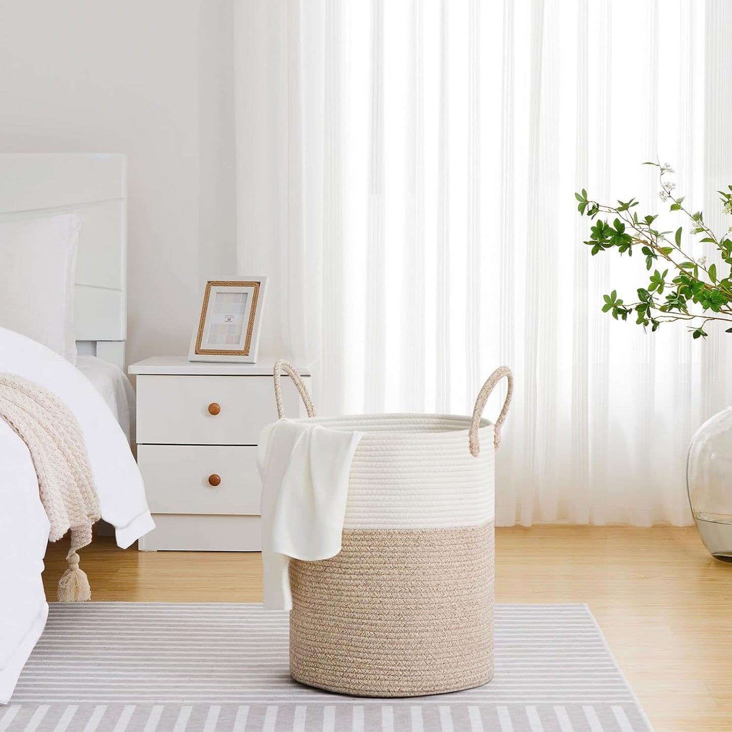 VIPOSCO Large Laundry Hamper, Tall Woven Rope Storage Basket for Blanket, Toys, Dirty Clothes in Living Room, Bathroom, Bedroom - 53L White & Brown