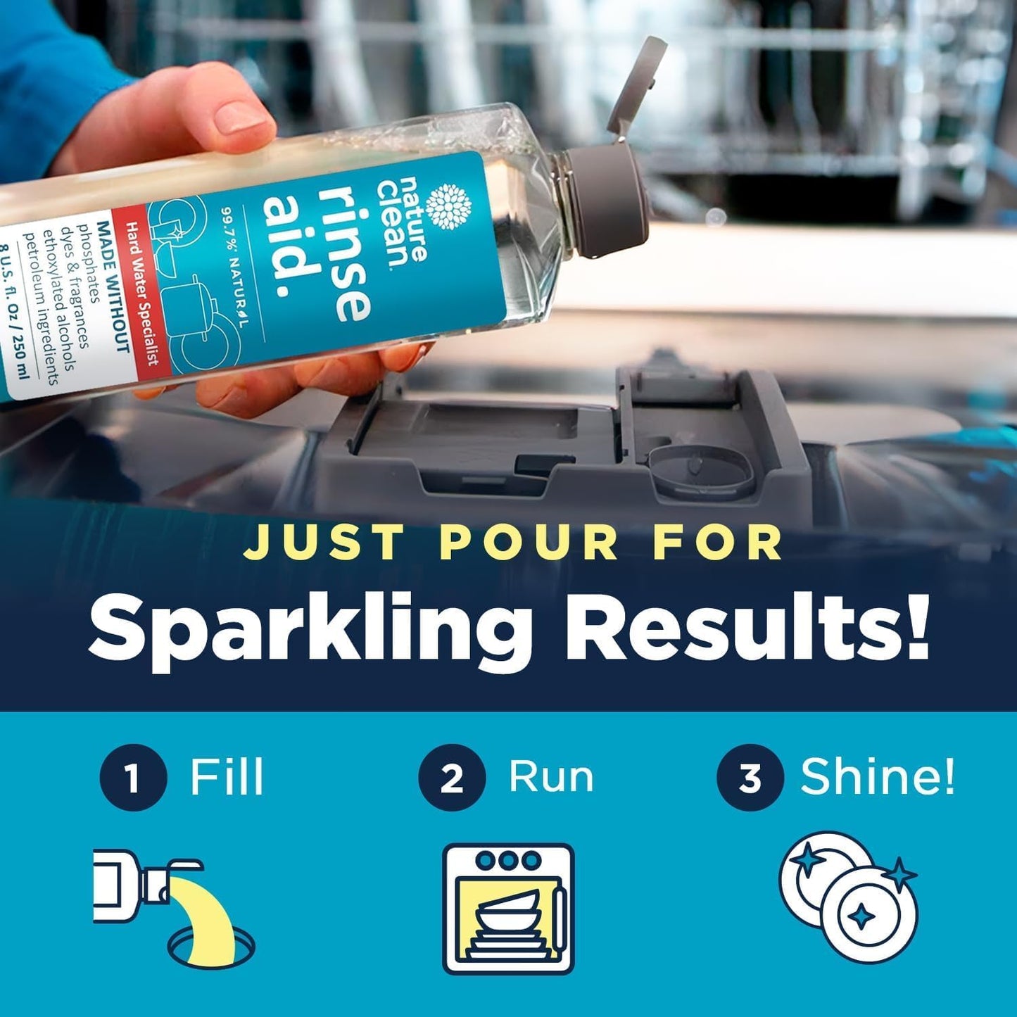 Nature Clean All Natural Dishwasher Rinse Aid Cleaner, Liquid Dishwasher Rinse Agent for Spot-Free Glass & Cutlery in Hard Water, Non Toxic Dish Washer Rinse Aid & Stain Remover, 8 oz/250ml, Pack of 4