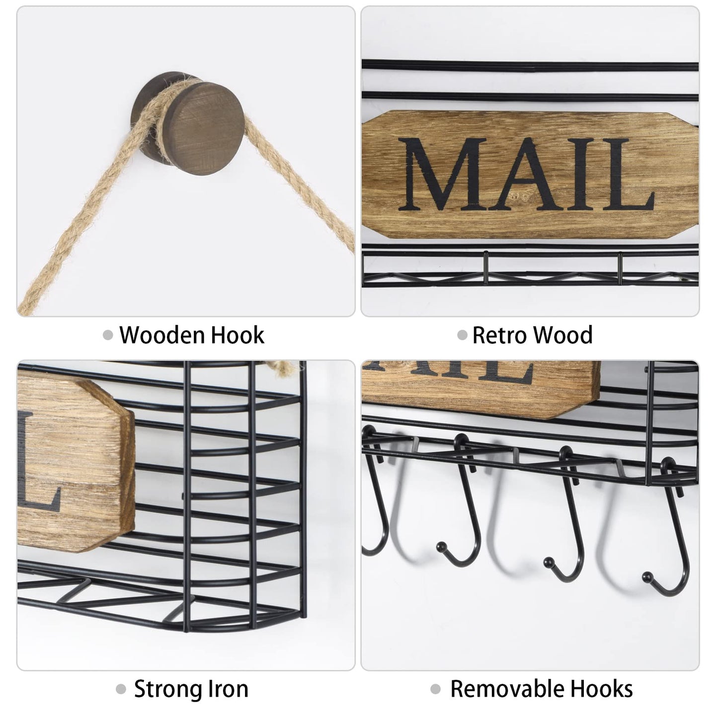 SRIWATANA Mail Organizer Wall Mount, 5 Key Hooks, Small, Carbonized Black