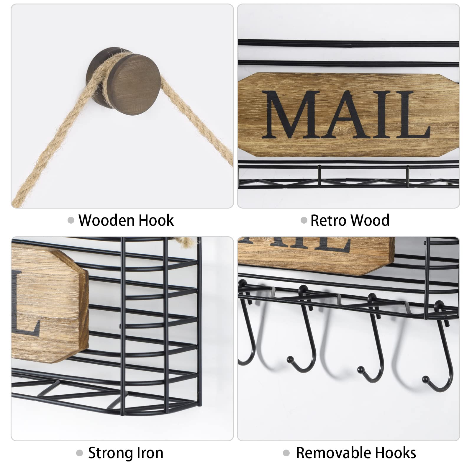 SRIWATANA Mail Organizer Wall Mount, 5 Key Hooks, Small, Carbonized Black
