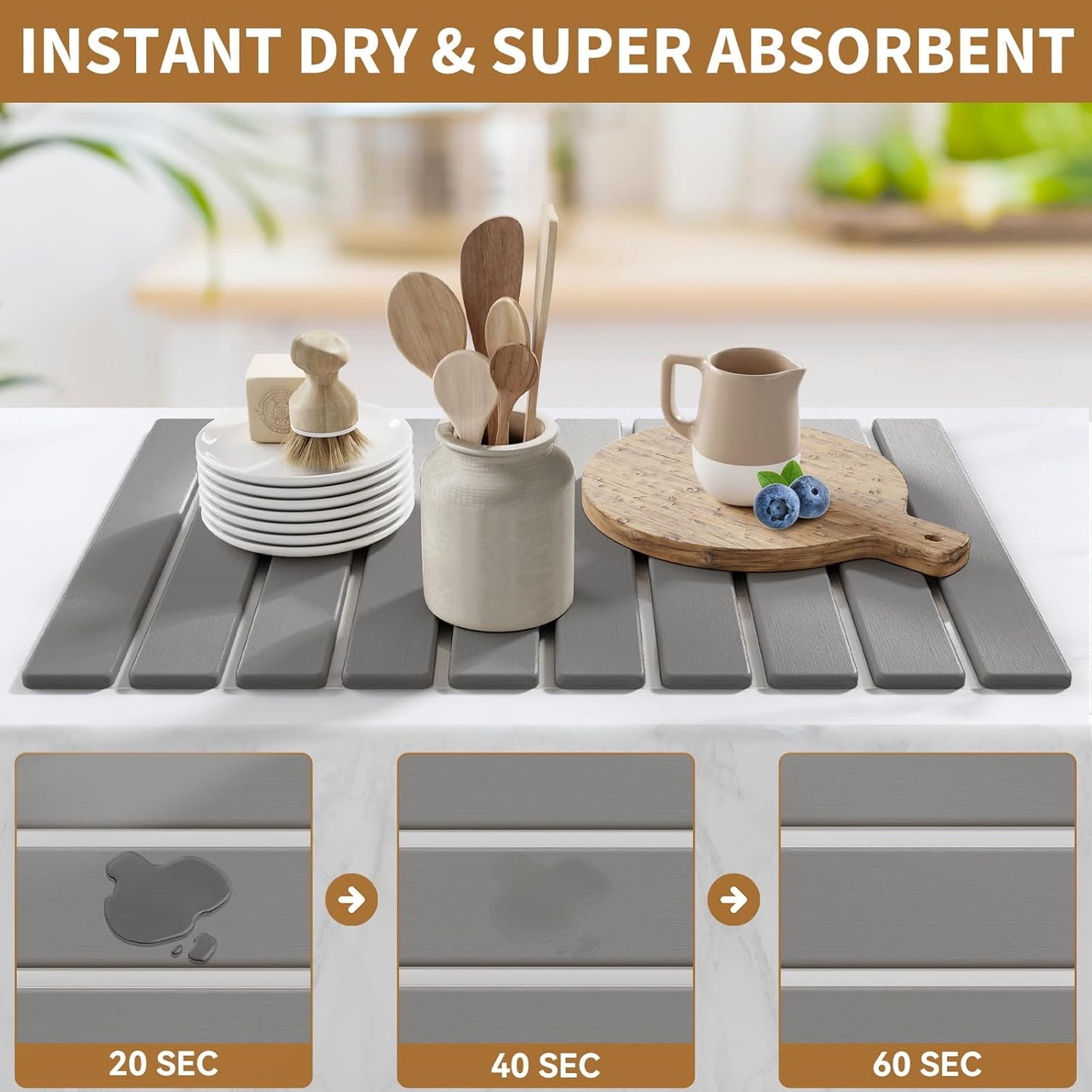 Stone Dish Drying Mats for Kitchen Counter,23.6''x15.3'' Foldable Quick Dry Stone Mat Kitchen,Eco-Friendly,Absorbent Diatomaceous Earth Mats for Dishes Bottles Cups Bathroom Any Countertop-Dark Gray