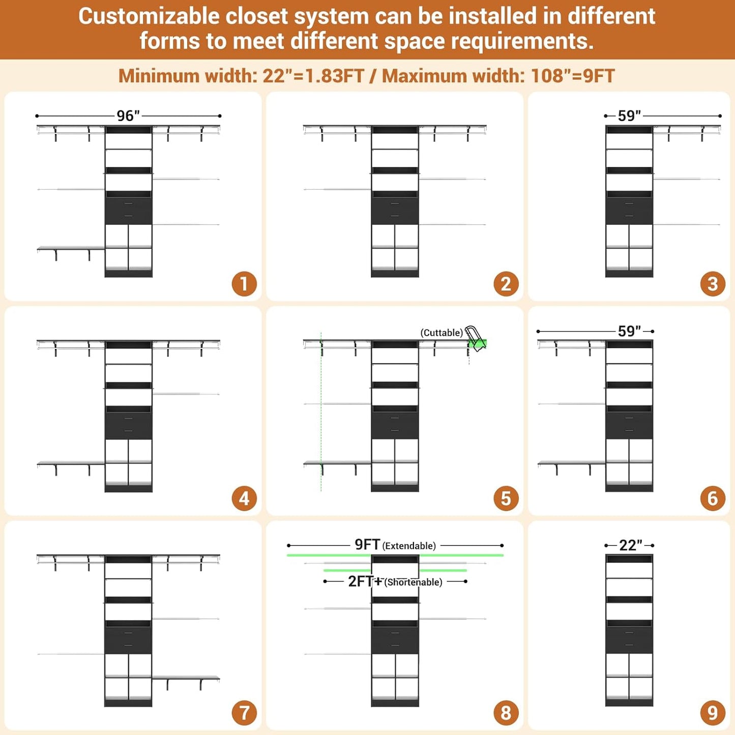 Closet System - 4.75-8FT Closet Organizer System with Wooden Drawers & Cube Storage Organizer, Up To 96" Closet Systems for Nursery & Walk-In Closets with Cuttable Hanging Shelving, Black