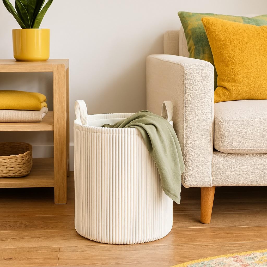 PUTSKA Blanket Basket – Round Storage for Toys and Blankets, Clothes, Stuffed Animals – Soft Baby Girl Basket for Nursery, Kids Room, Bedroom, Living Room – Large, Cream