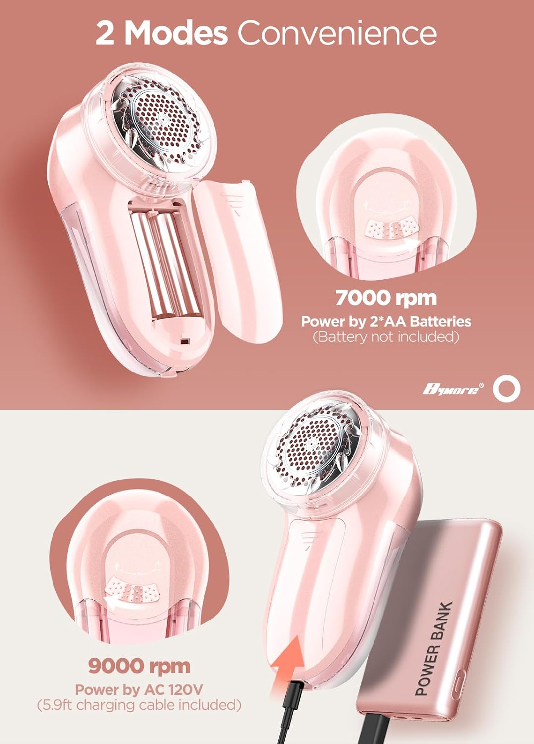Fabric Shaver, Lint Remover, Bymore Lint Shaver Defuzzer Sweater Shaver for Clothes and Furniture AC Adapter or Battery Operated Pill Fuzz Remover (Pink)