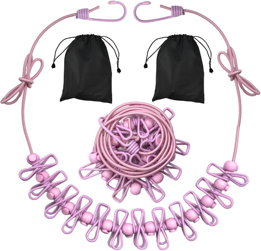 2 Pack Camping Clothesline Portable 12 Clothespins, Pink Camping Accessories Travel Clothesline for