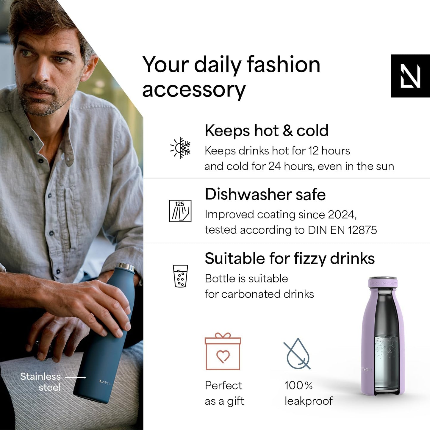 LARS NYSØM Stainless Steel Insulated Water Bottle 12oz 17oz 25oz 34oz 51oz | Insulated Thermo Flask for Hot and Cold Beverages | Leakproof Drinking Bottle (Lavender Purple, 11.9oz)