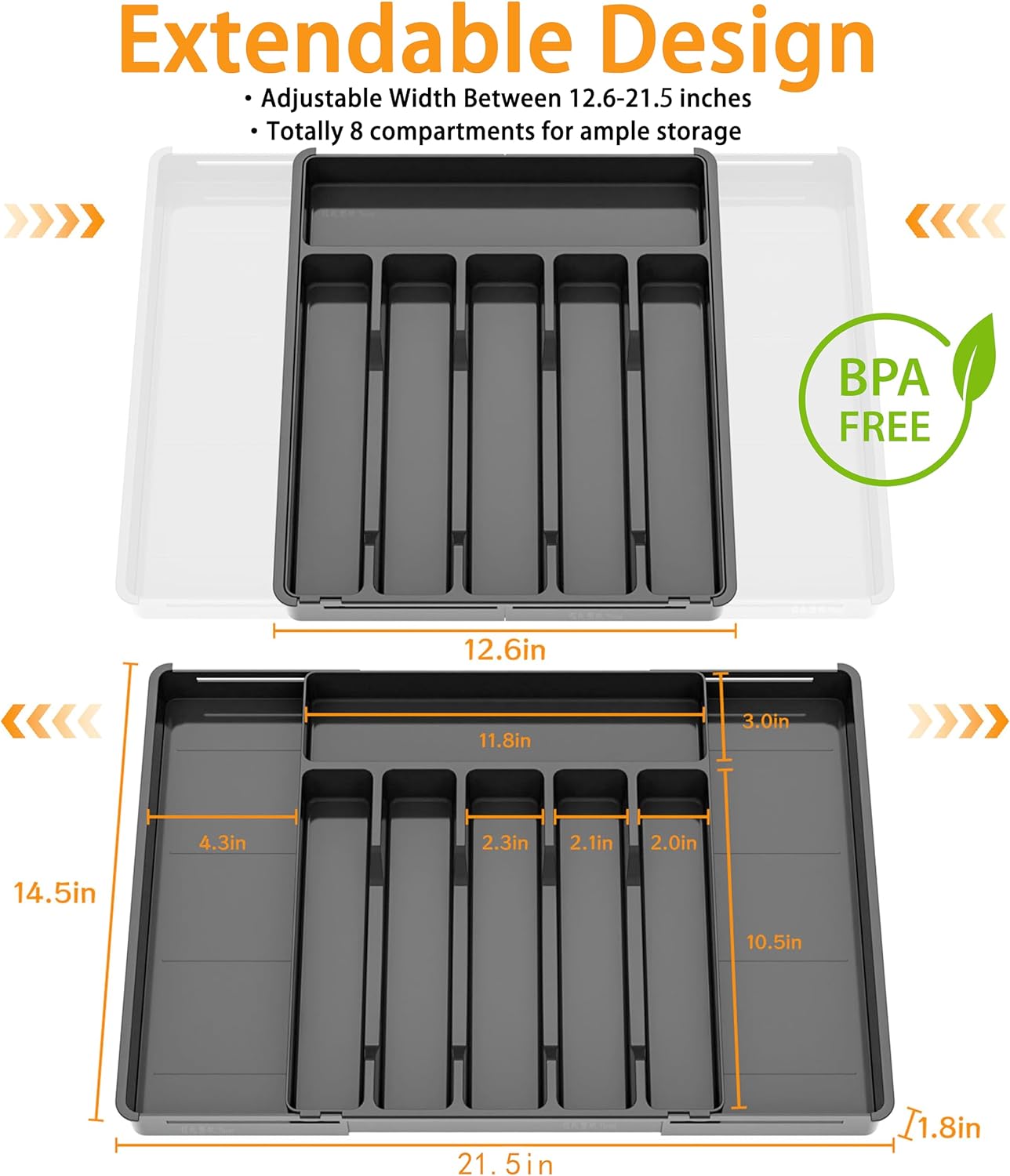 Silverware Drawer Organizer, Expandable Utensil Tray for Kitchen Drawers, BPA Free Flatware and Cutlery Holder, Adjustable Plastic Storage for Utensil like Spoons, Forks, Knives.Black