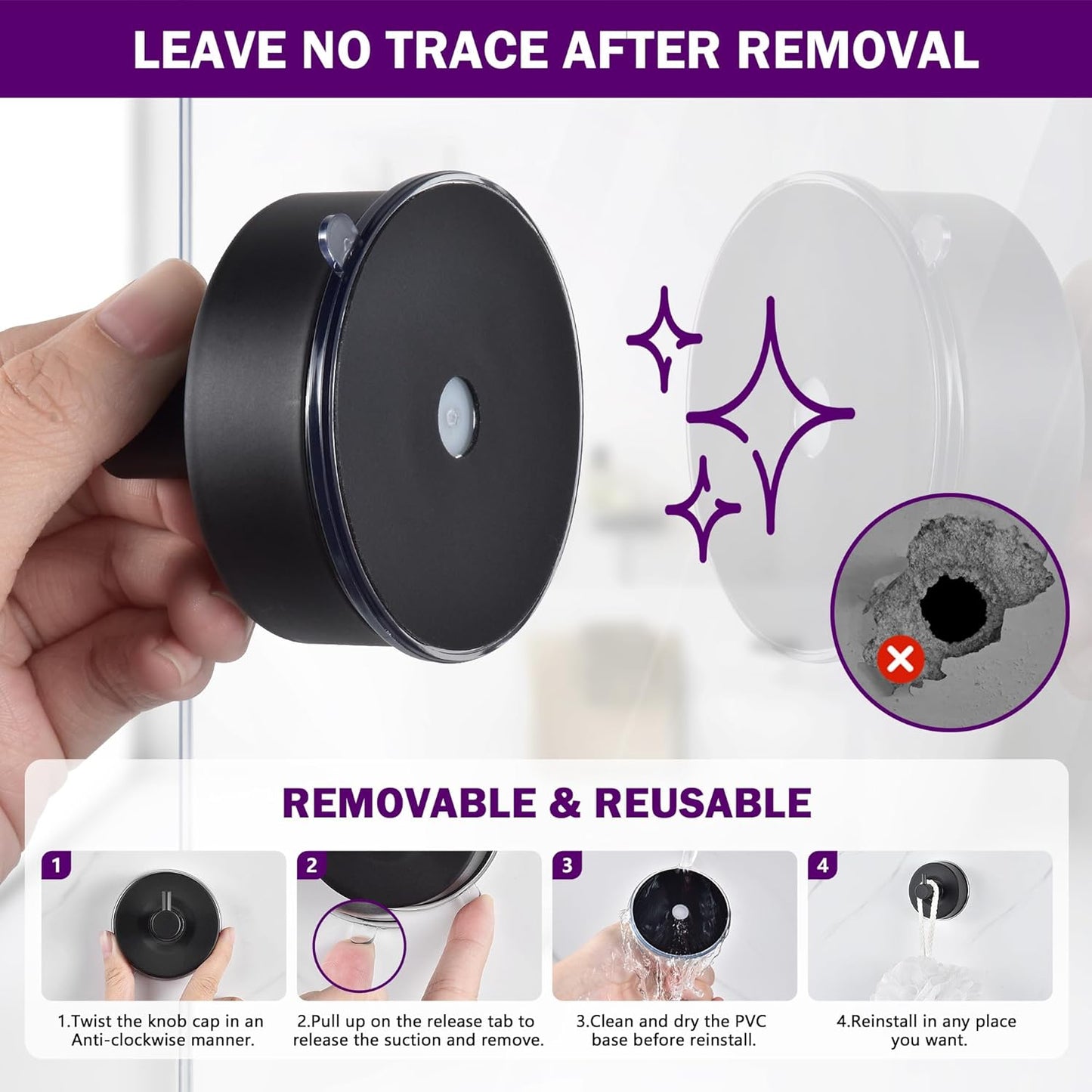 JOMOLA Stainless Steel Bathroom Suction Hooks - No Drill Adhesive-Free Wall Mount for Shower, Towel & Robe, Rustproof Metal Hardware with Damage-Free Grip, Matte Black (4-Pack)