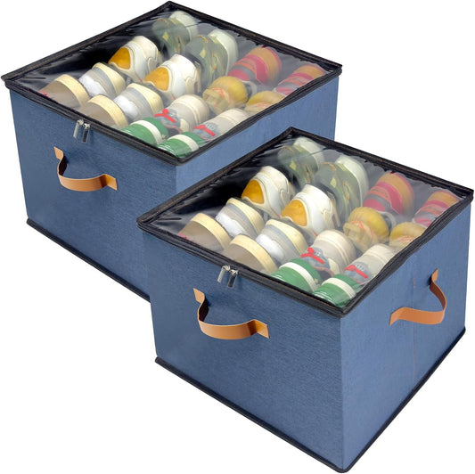 Shoe Organizer for Closet, 2 Pack Shoe Storage Bins with Clear Cover, Adjustable Dividers Fits 16-32 Pairs ShoeBoxes, Organizador de Zapatos, Navy Blue
