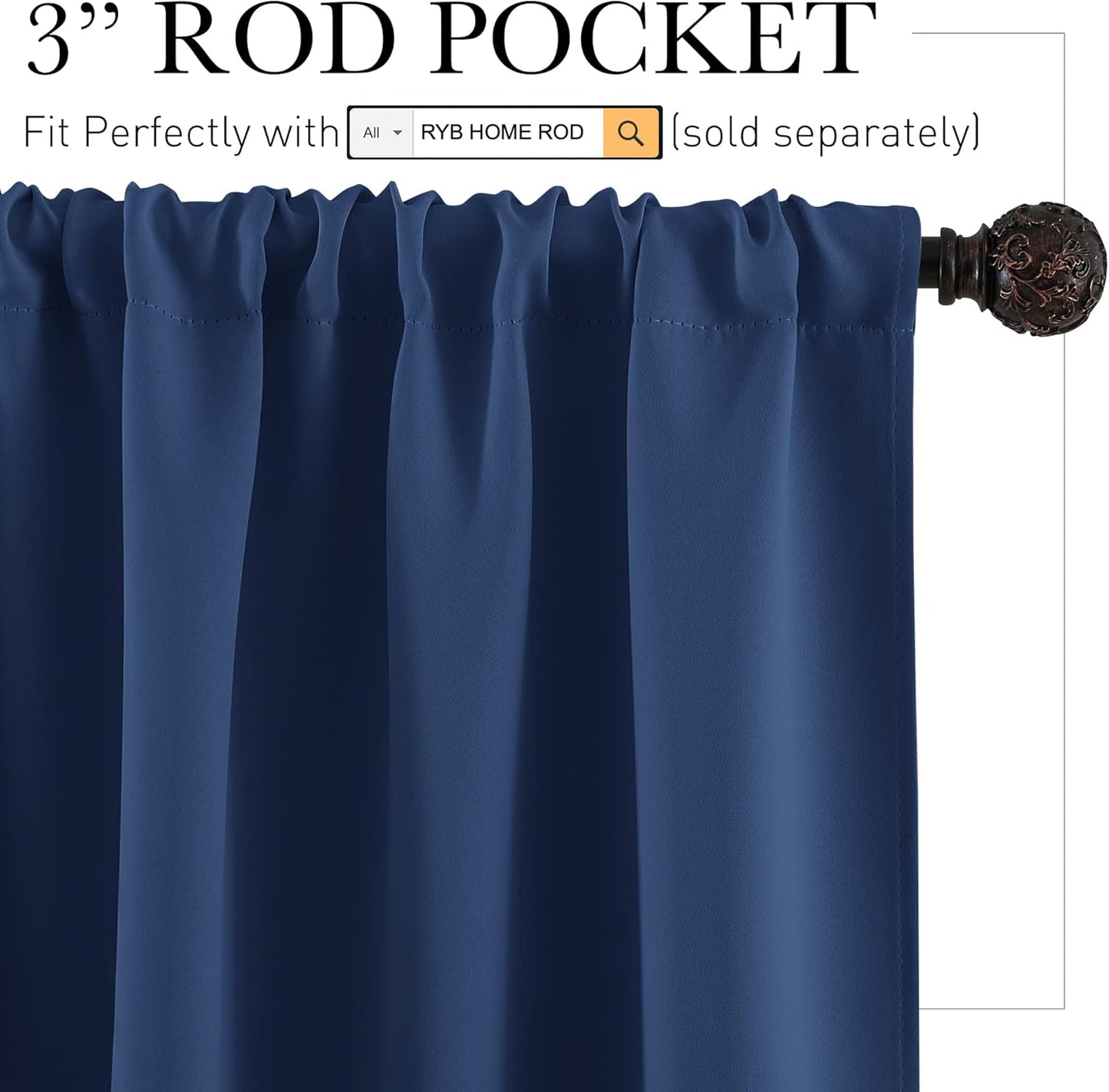 RYB HOME Bedroom Curtains Blackout Curtain Shades Blind for Living Room Home Office Family Room Cafe, 42 x 54 inch per Panel, Navy Blue, Set of 2