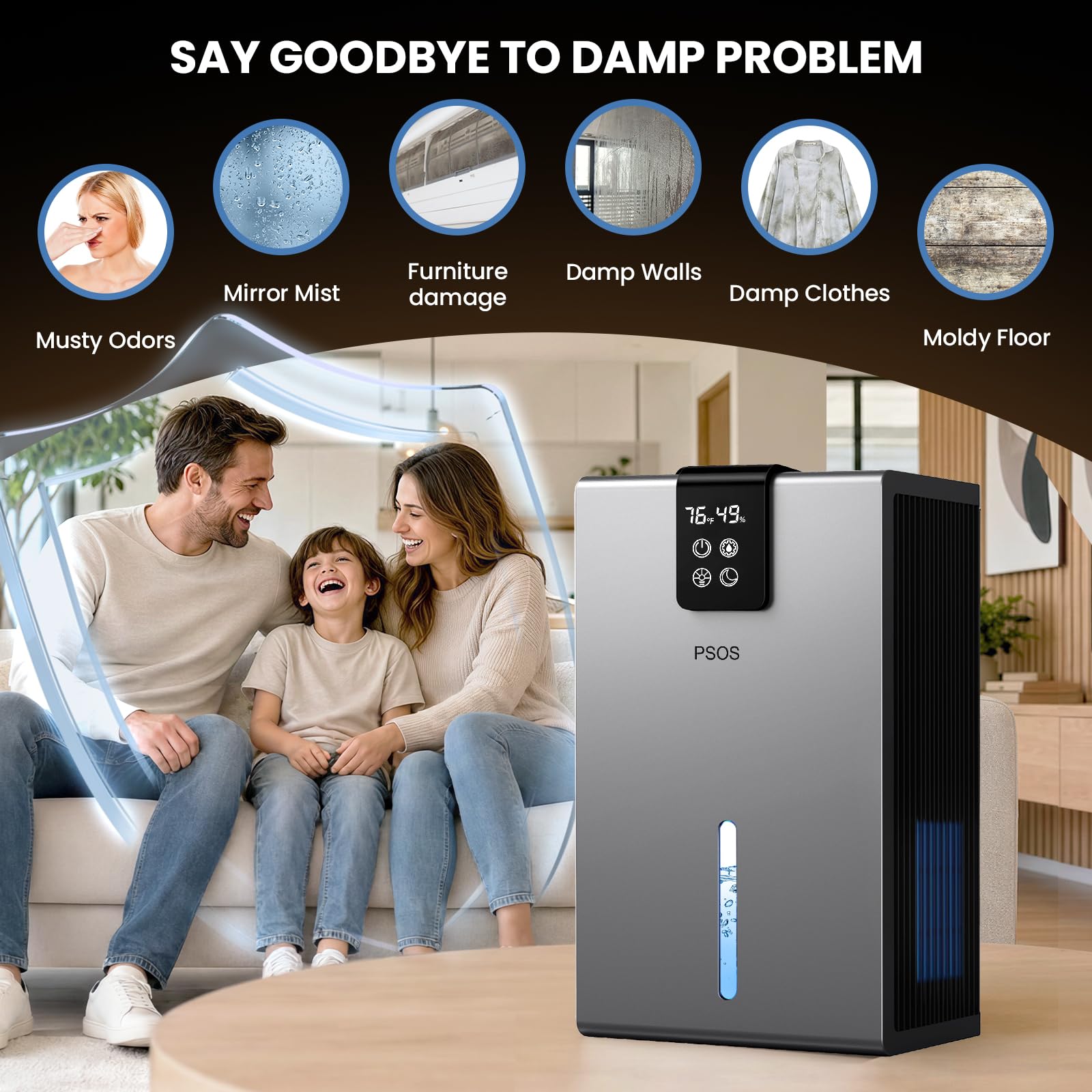 PSOS Dehumidifier, Dehumidifiers for Home, 98 OZ Water Tank, (1000 sq.ft) Quiet Dehumidifier for