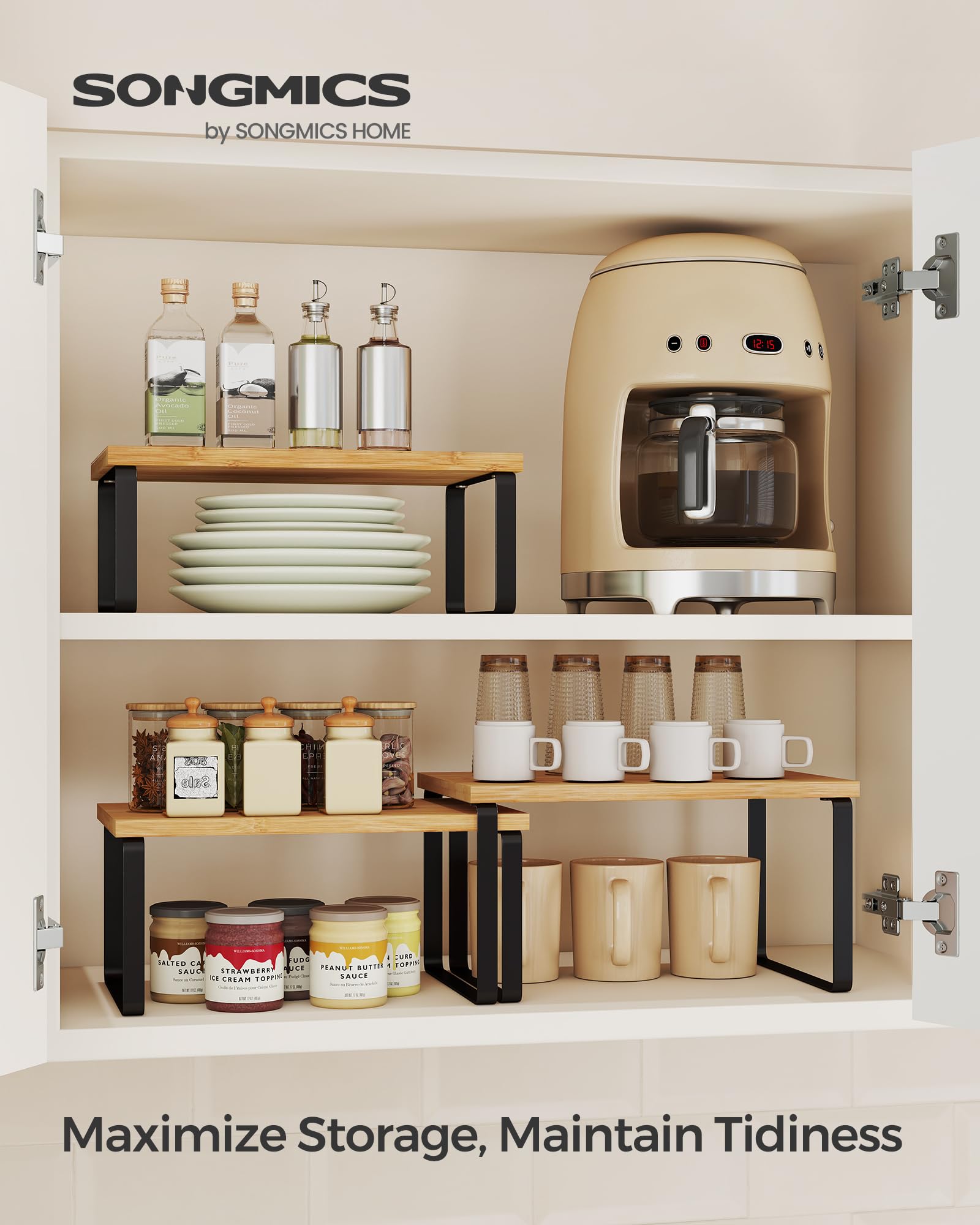 SONGMICS Cabinet Organizer Shelf, Set of 3 Kitchen Counter Shelves, Kitchen Storage, Spice Rack