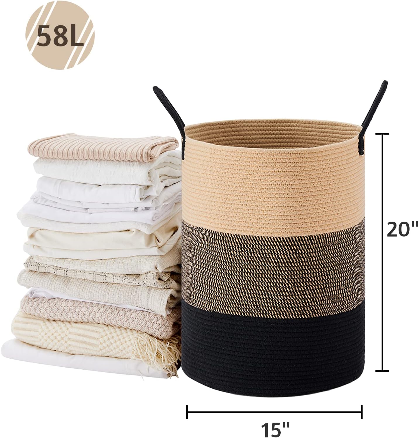VIPOSCO Large Laundry Hamper, Tall Woven Rope Storage Basket for Blanket, Toys, Dirty Clothes in Living Room, Bathroom, Bedroom - 58L Brown & Black