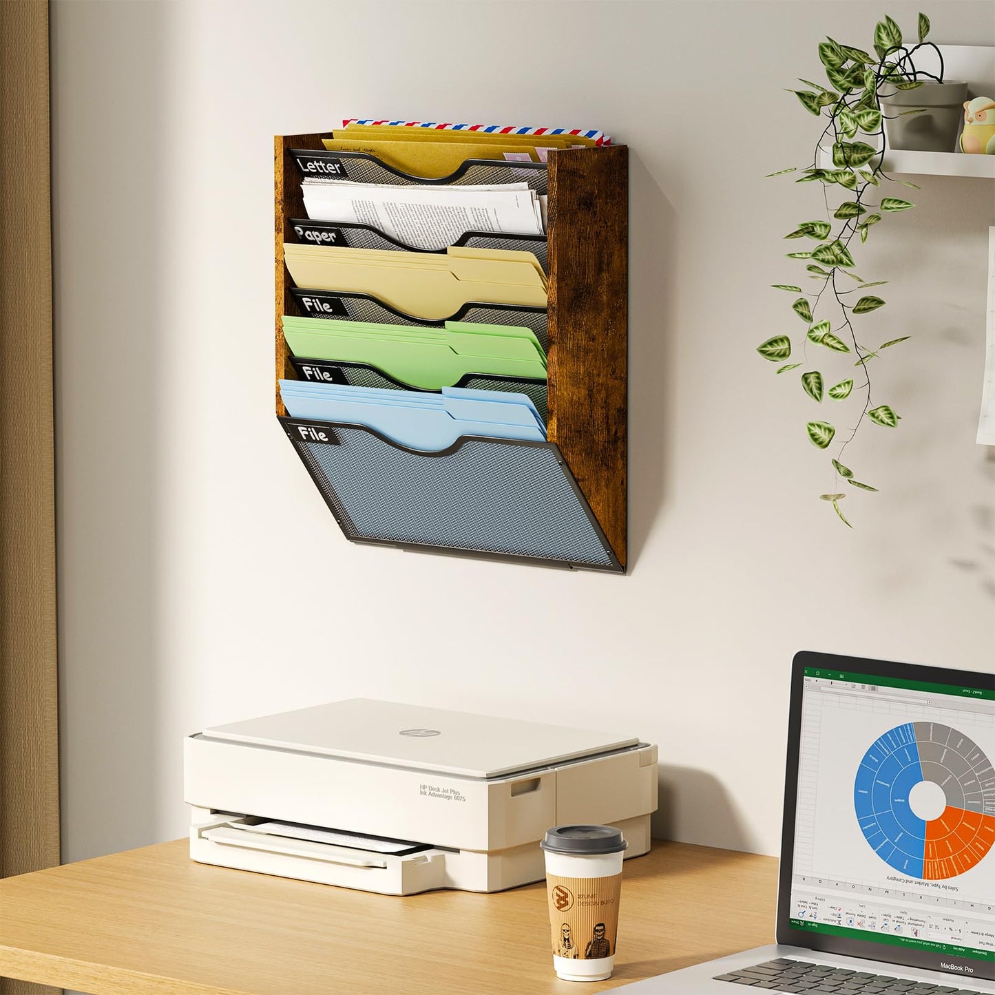 Ironwood Hanging Wall File Organizer, 5 Pocket Mesh Mail Organizer Wall Mounted with Nametag Label