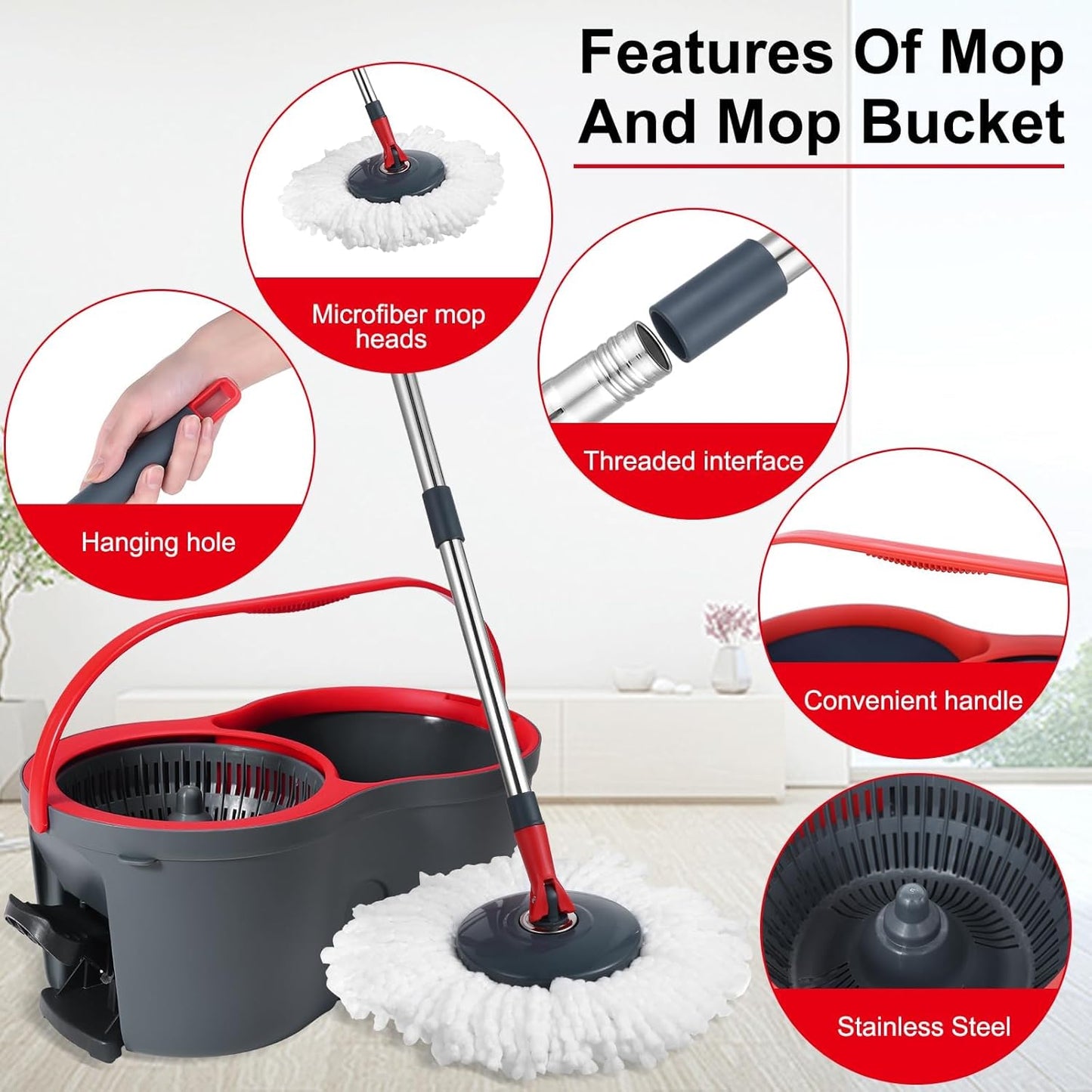 360° Spin Mop and Bucket Set Quick-Dry Technology,Mop and Bucket with Wringer Set for Home & Kitchen,Wet/Dry Floor Cleaning Kit with 4 Microfiber Mop Heads & Adjustable Handle