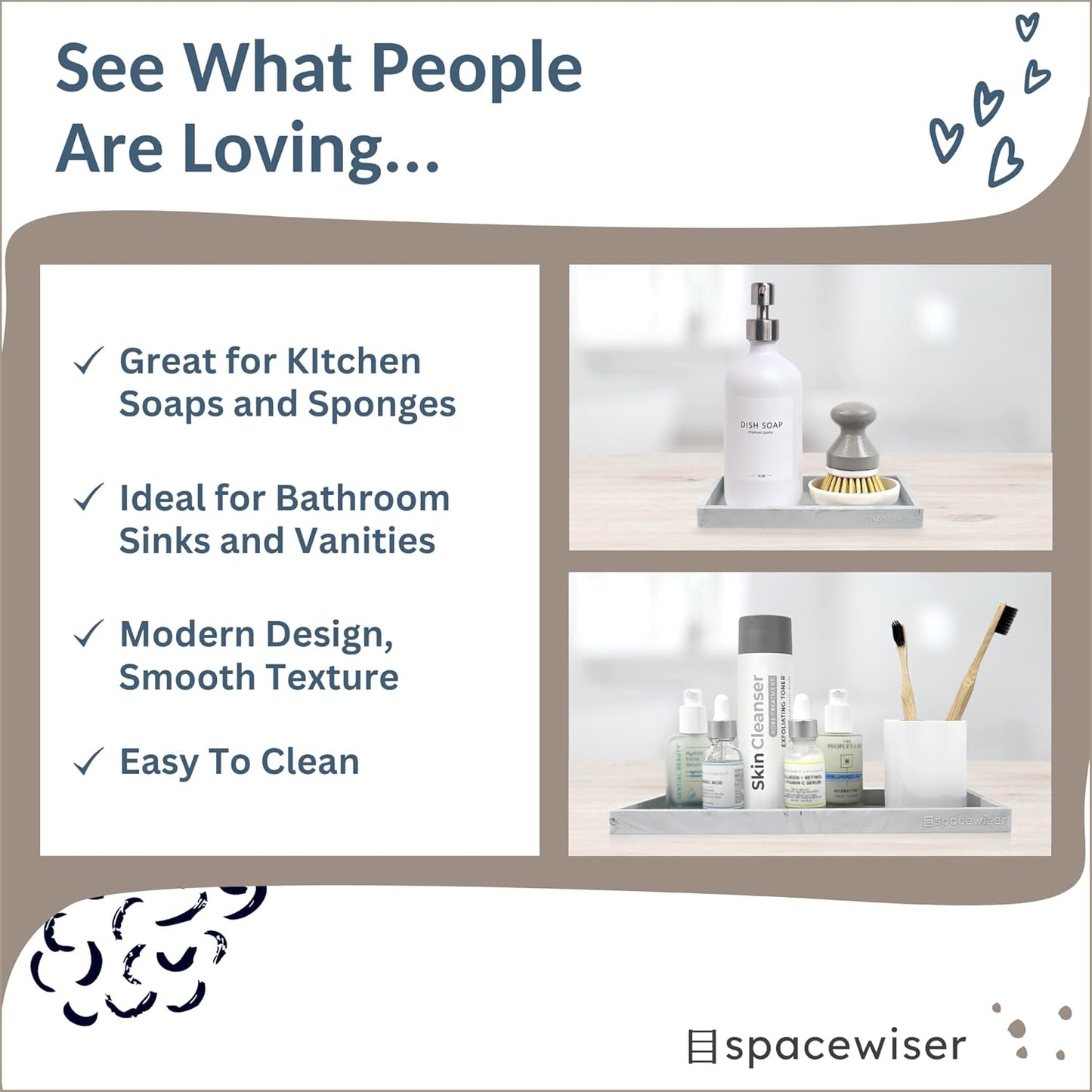 Countertop and Vanity Tray - 2 PC (11” and 7”) Shatterproof Silicone Kitchen and Bathroom Trays for Counter, Kitchen Soap Dispenser Tray, Vanity Trays for Bathroom, Perfume Key Tray