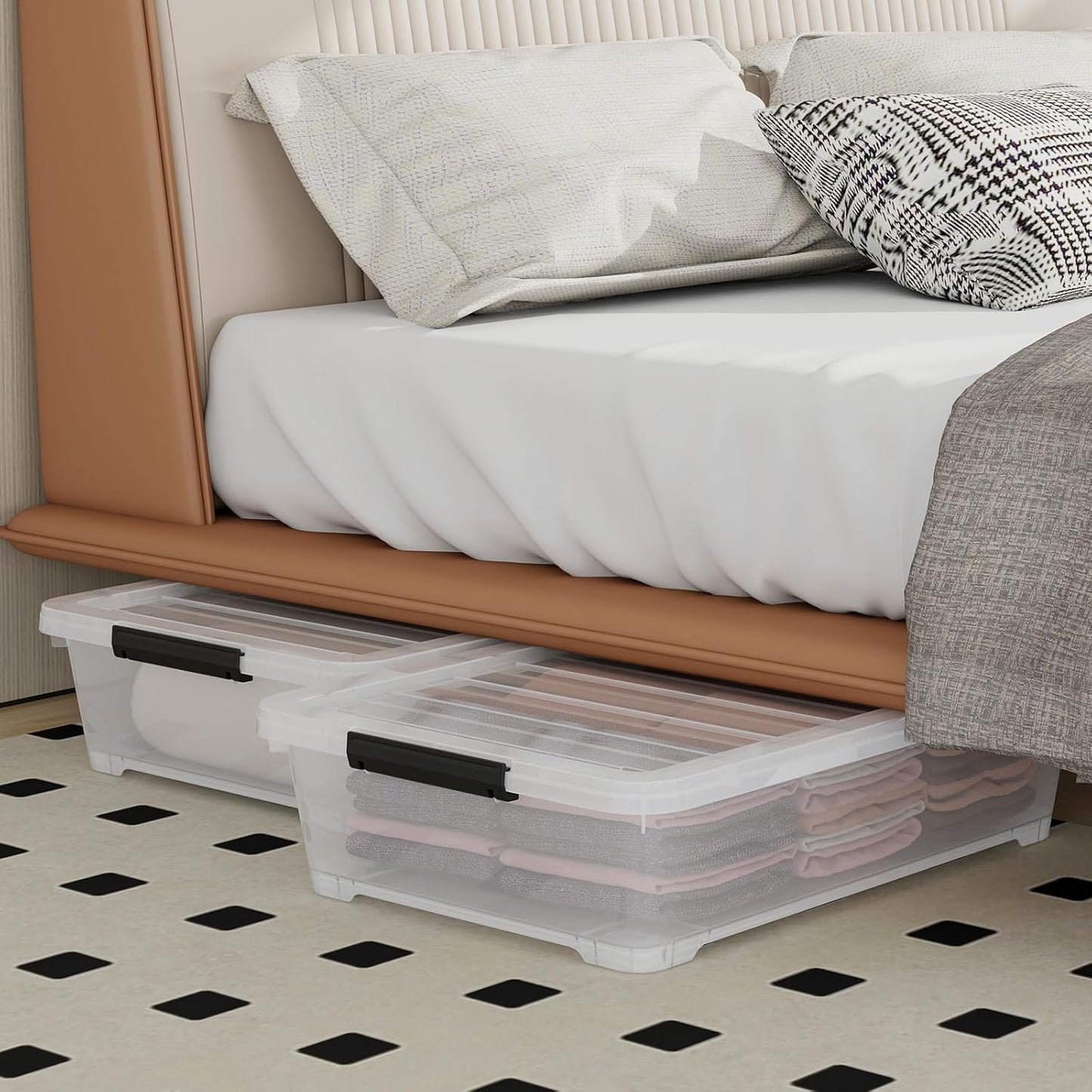 4Pack 40 Qt Plastic Under Bed Storage Organizer Bin Container with Secure Lids and Durable Wheels, Clear