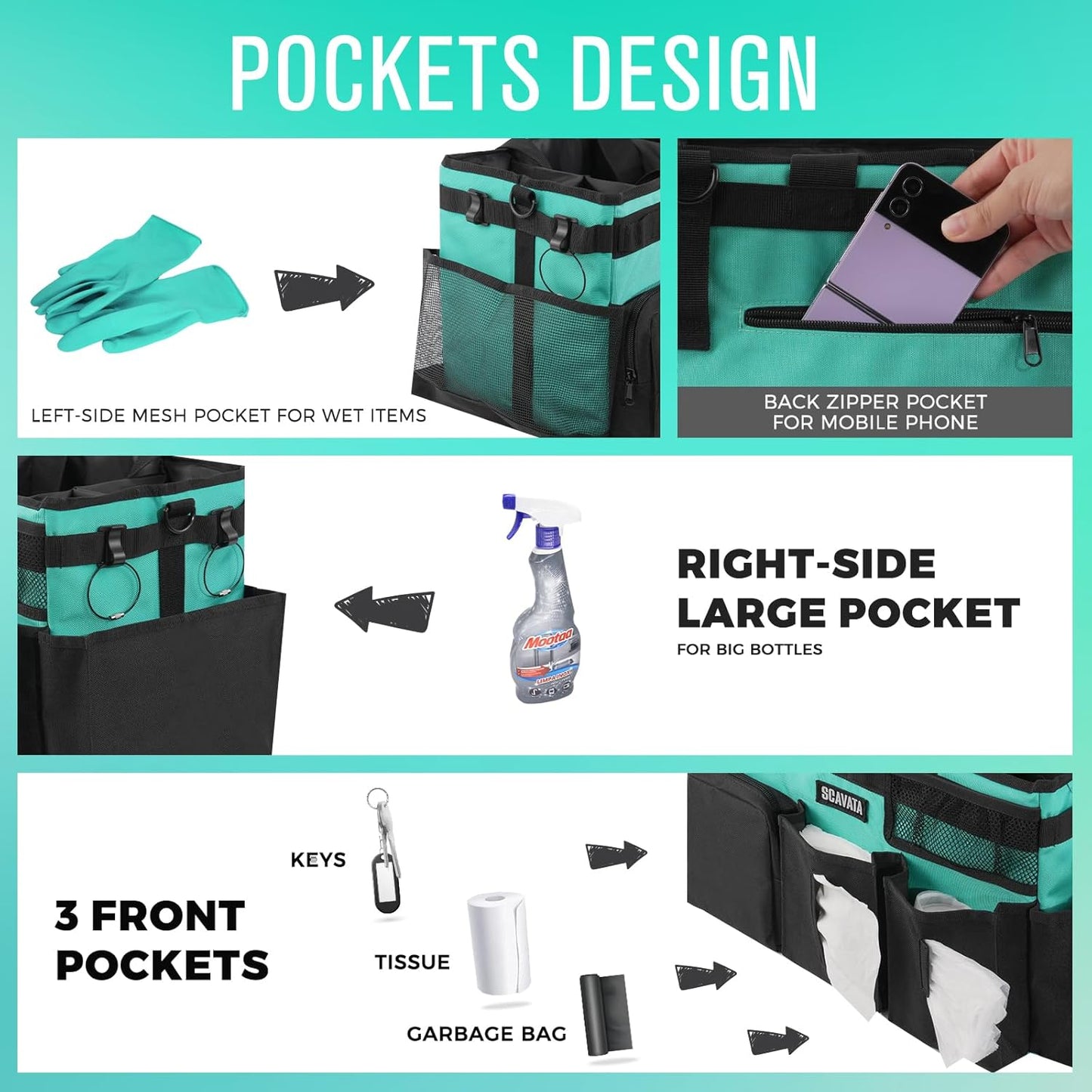 Wearable Cleaning Caddy Bag, Cleaning Caddy Supplies Organizer with Handle & Shoulder Straps for Housekeepers, Under Sink & Car Cleaning Tool Organizers with 4 Foldable Divider (Lake Blue)