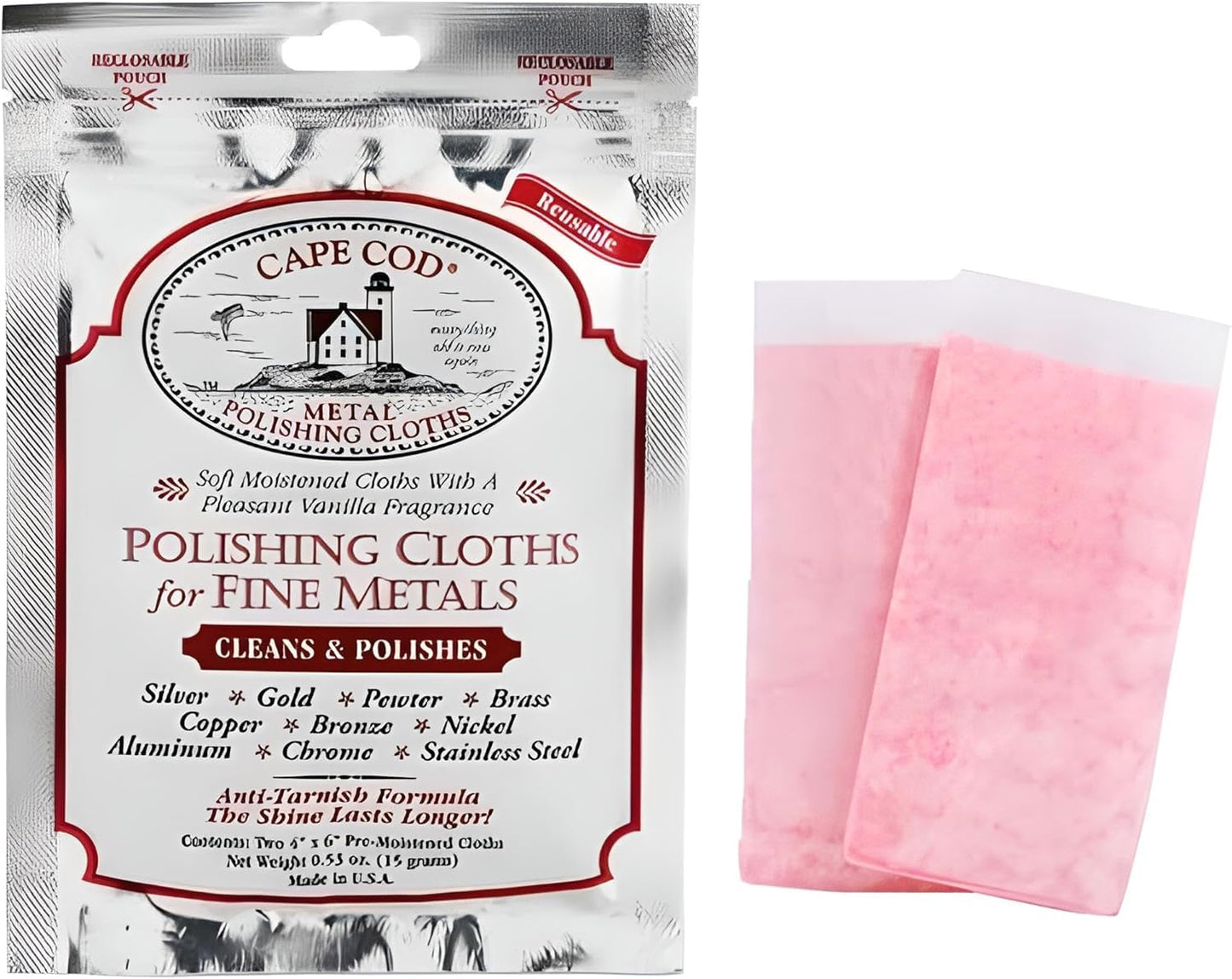 Cape Cod Polishing Cloths for Fine Metals | Jewelry Cleaner and Tarnish Remover | Silver Polishing to a Brilliant Shine | Foil Pack of (2) 4x6 Cloths